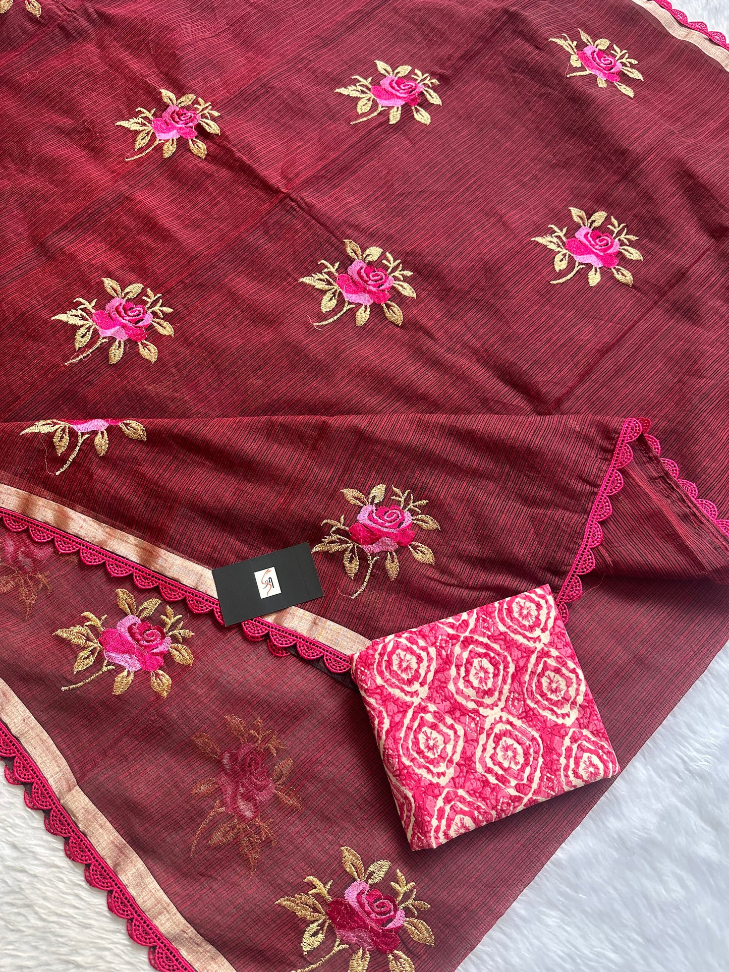 Embroidered Kota Cotton Doria Saree With Handcrafted Lucknowi Crochet Lace