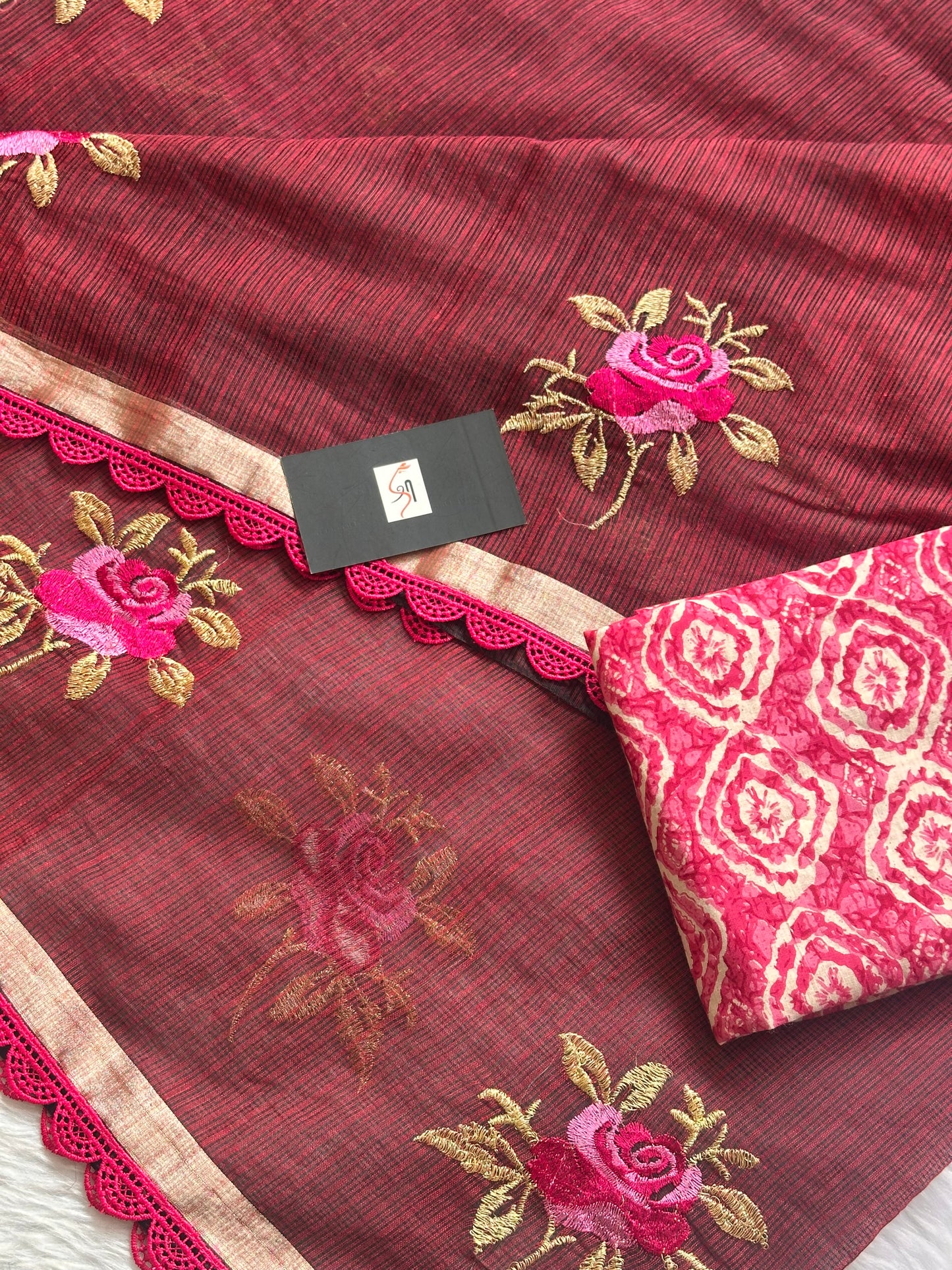 Embroidered Kota Cotton Doria Saree With Handcrafted Lucknowi Crochet Lace