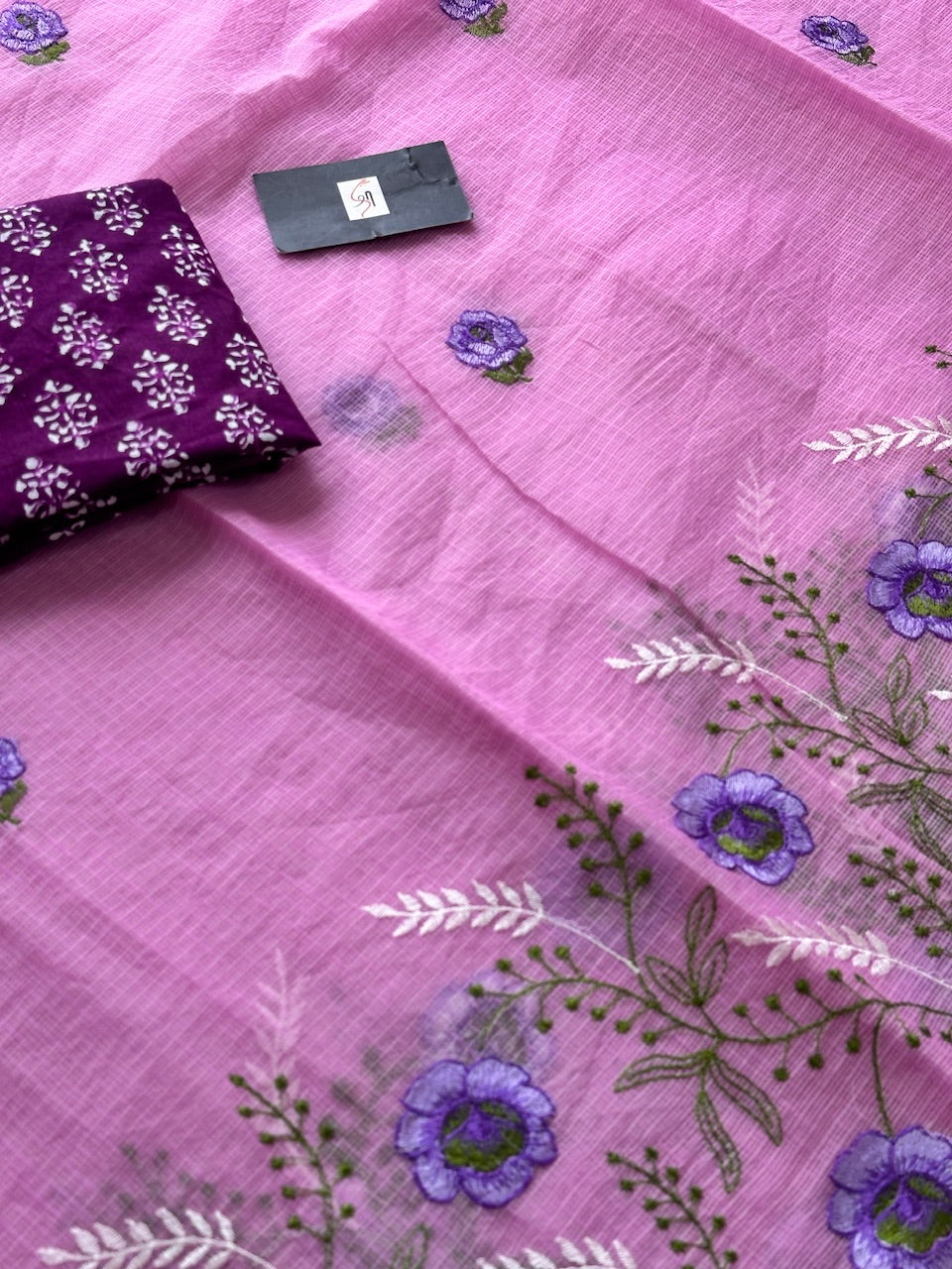 Embroidered Kota Cotton Doria Saree