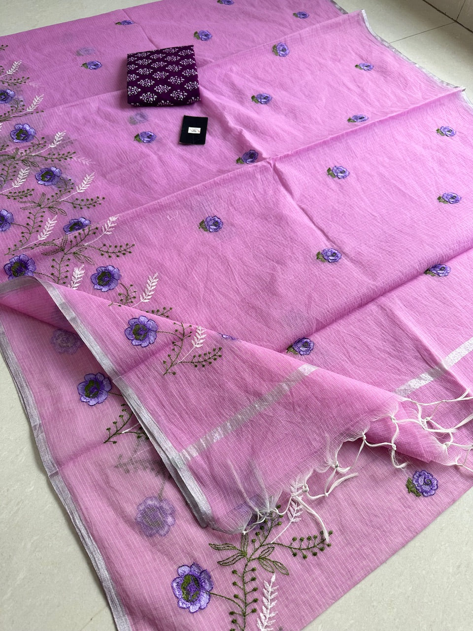 Embroidered Kota Cotton Doria Saree