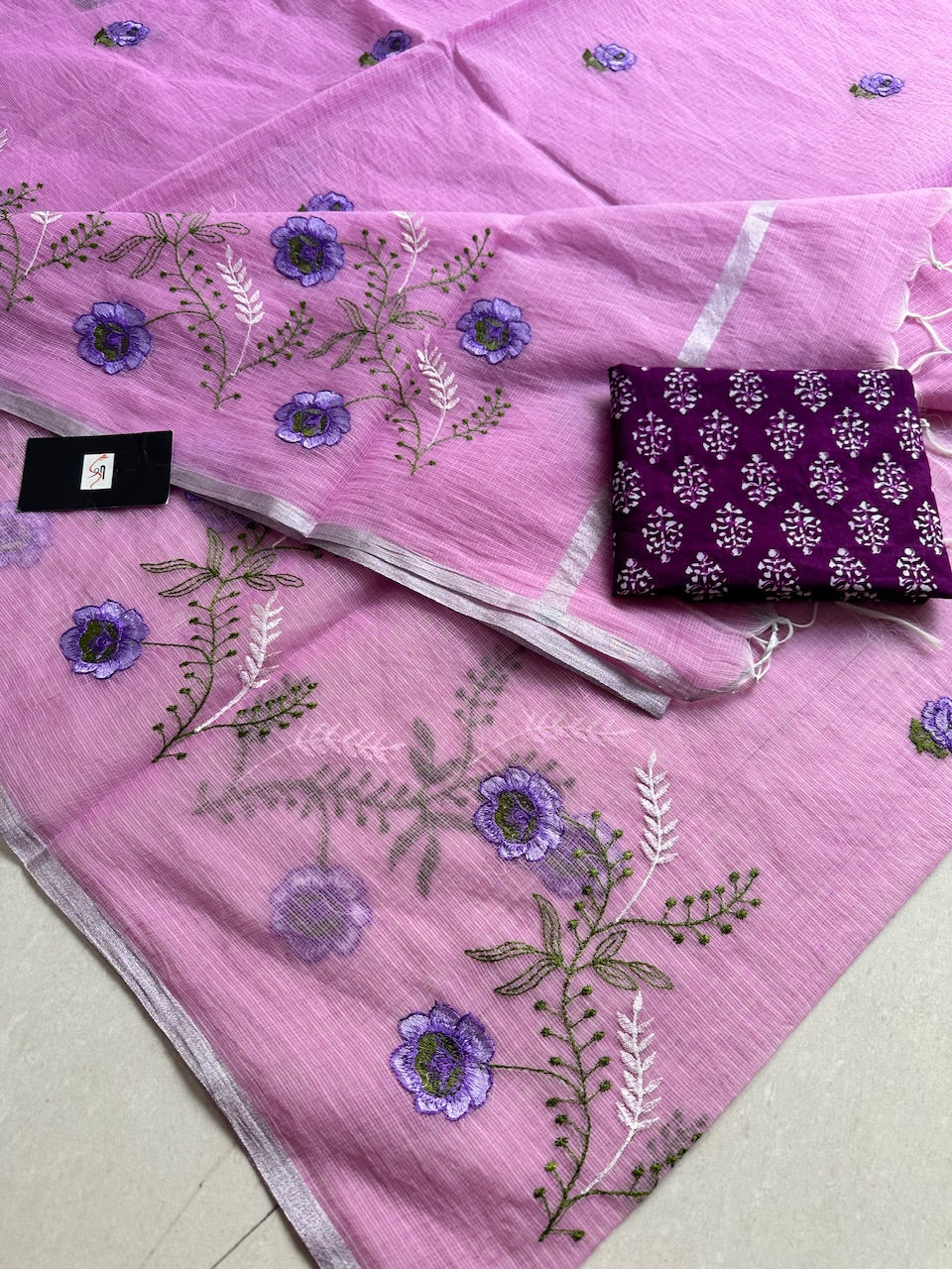 Embroidered Kota Cotton Doria Saree