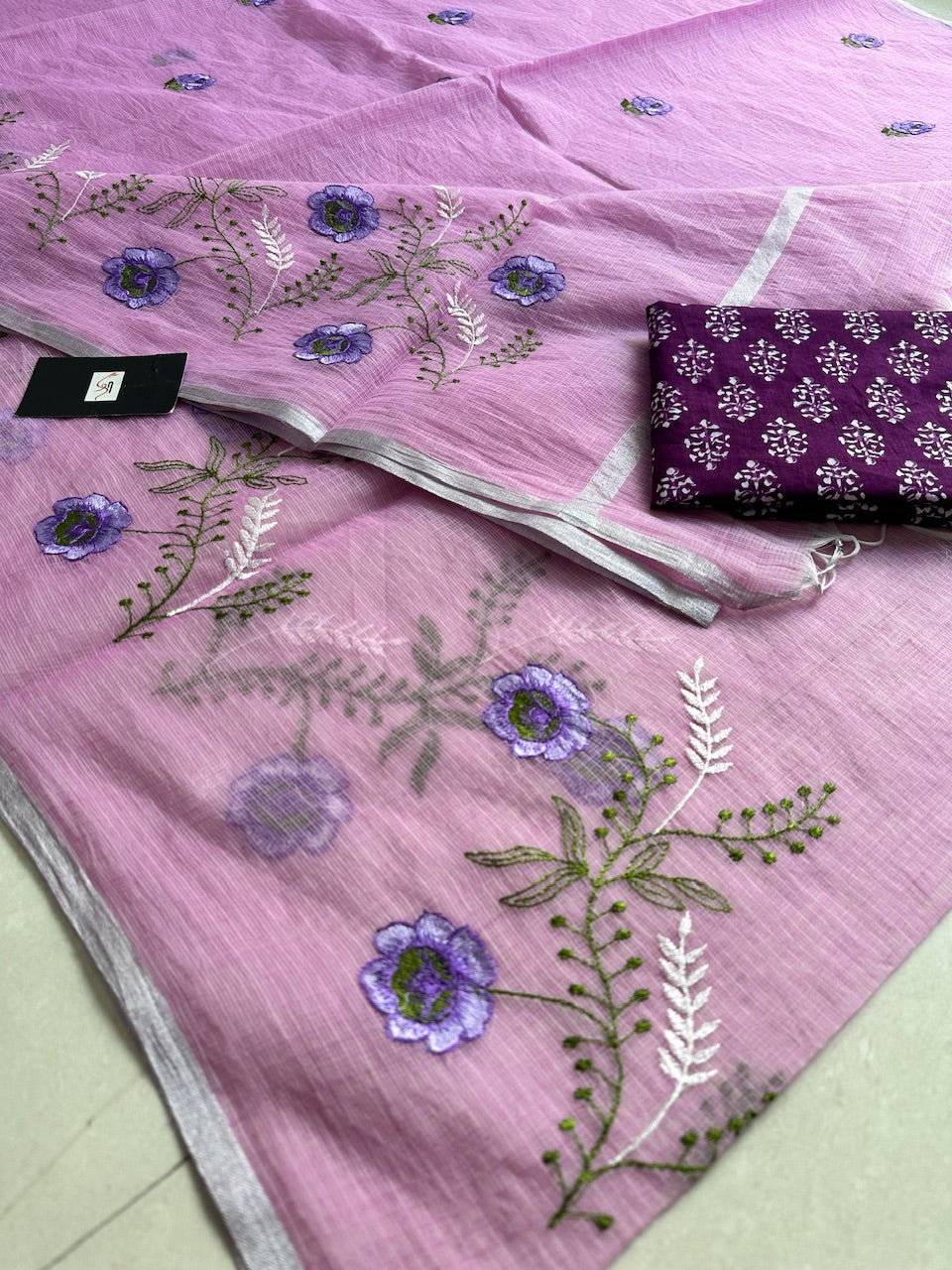 Embroidered Kota Cotton Doria Saree