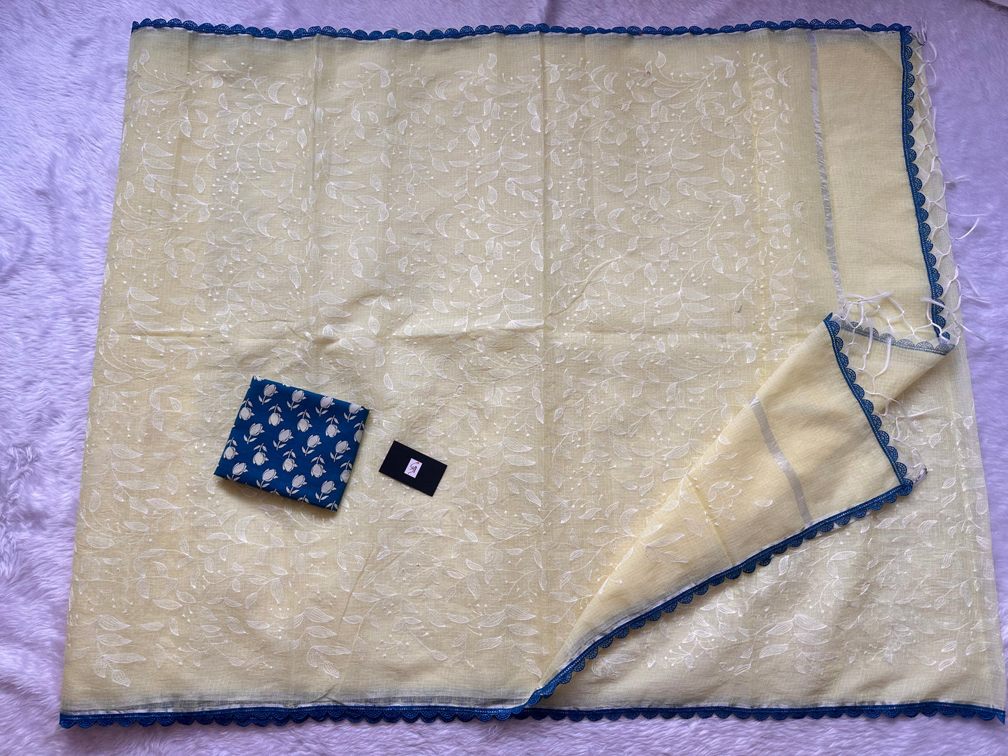 Embroidered Kota Cotton Doria Saree With Handcrafted Lucknowi Crochet Lace