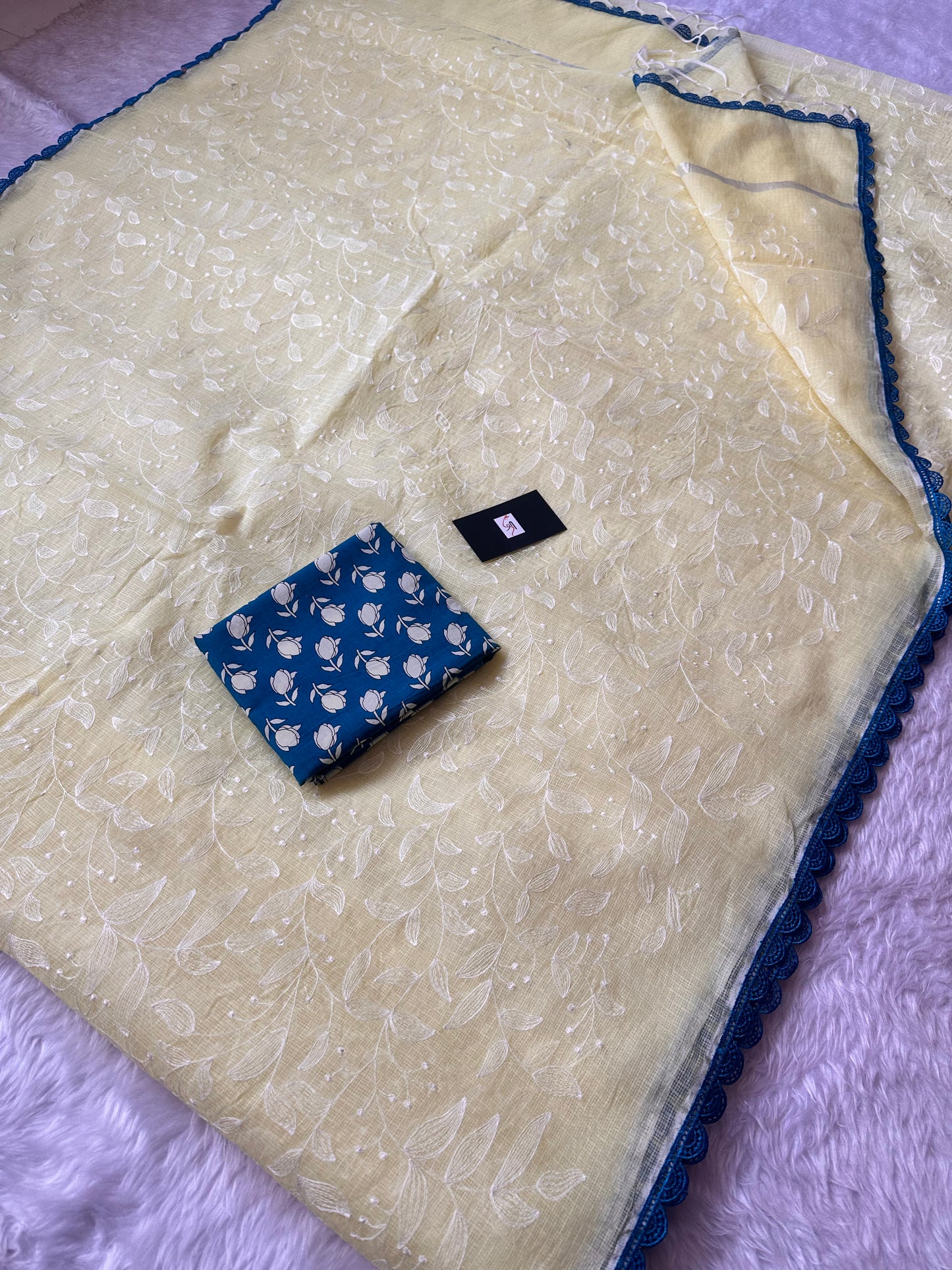 Embroidered Kota Cotton Doria Saree With Handcrafted Lucknowi Crochet Lace