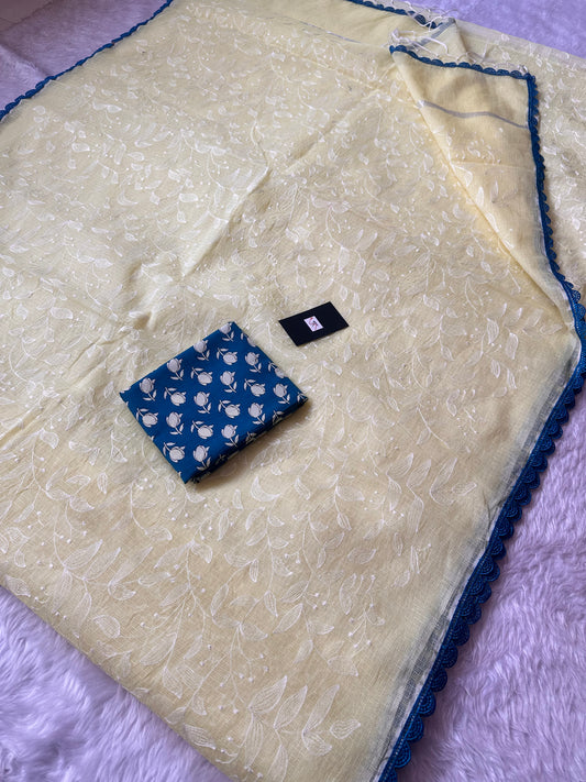 Embroidered Kota Cotton Doria Saree With Handcrafted Lucknowi Crochet Lace