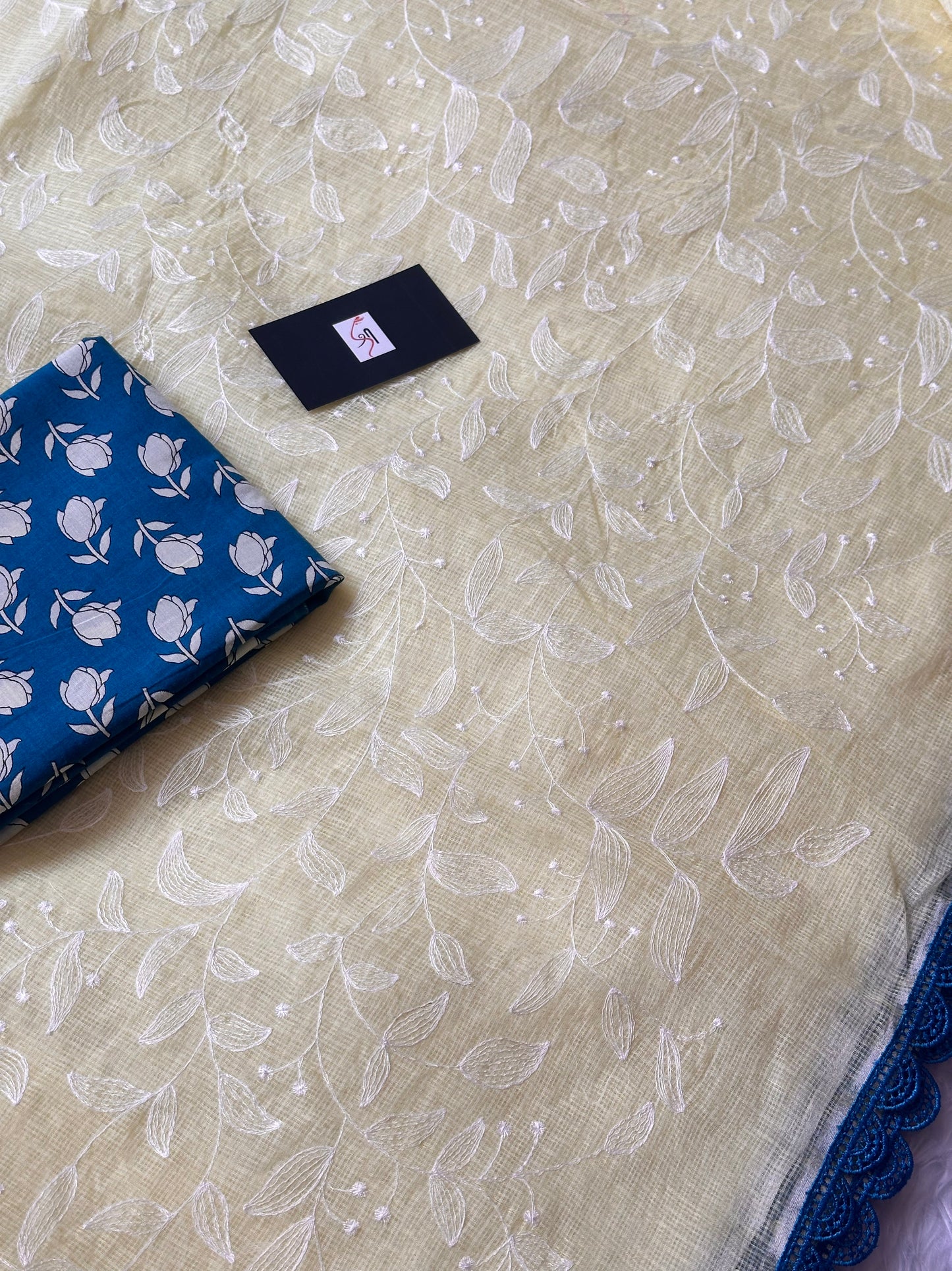 Embroidered Kota Cotton Doria Saree With Handcrafted Lucknowi Crochet Lace