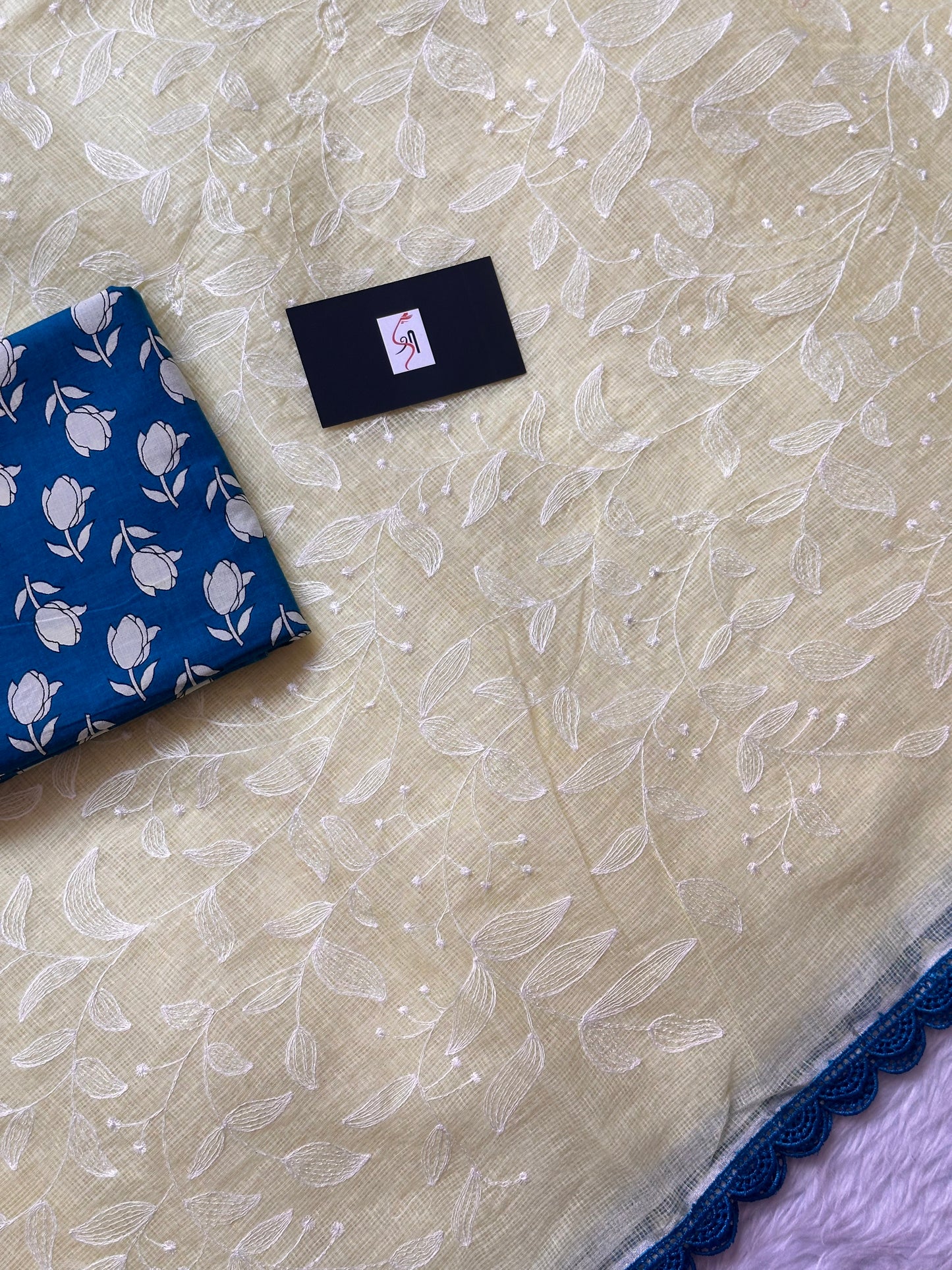 Embroidered Kota Cotton Doria Saree With Handcrafted Lucknowi Crochet Lace