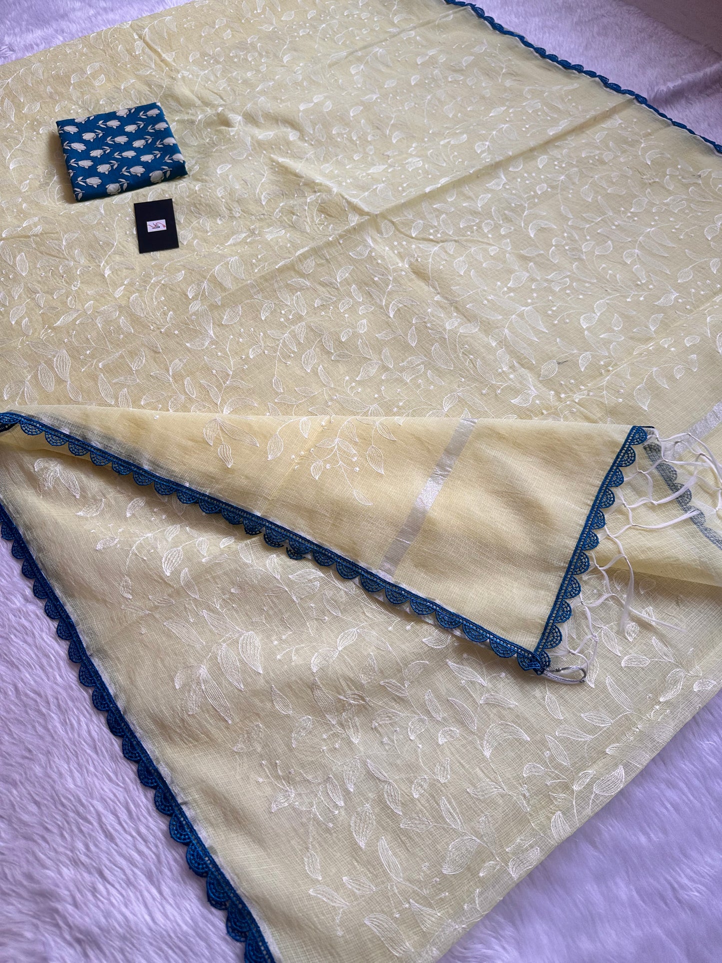 Embroidered Kota Cotton Doria Saree With Handcrafted Lucknowi Crochet Lace