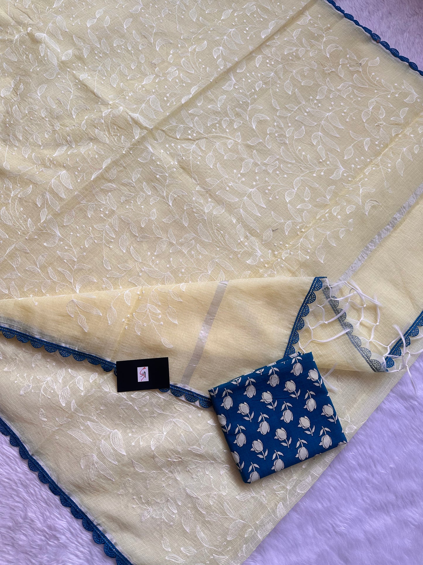 Embroidered Kota Cotton Doria Saree With Handcrafted Lucknowi Crochet Lace