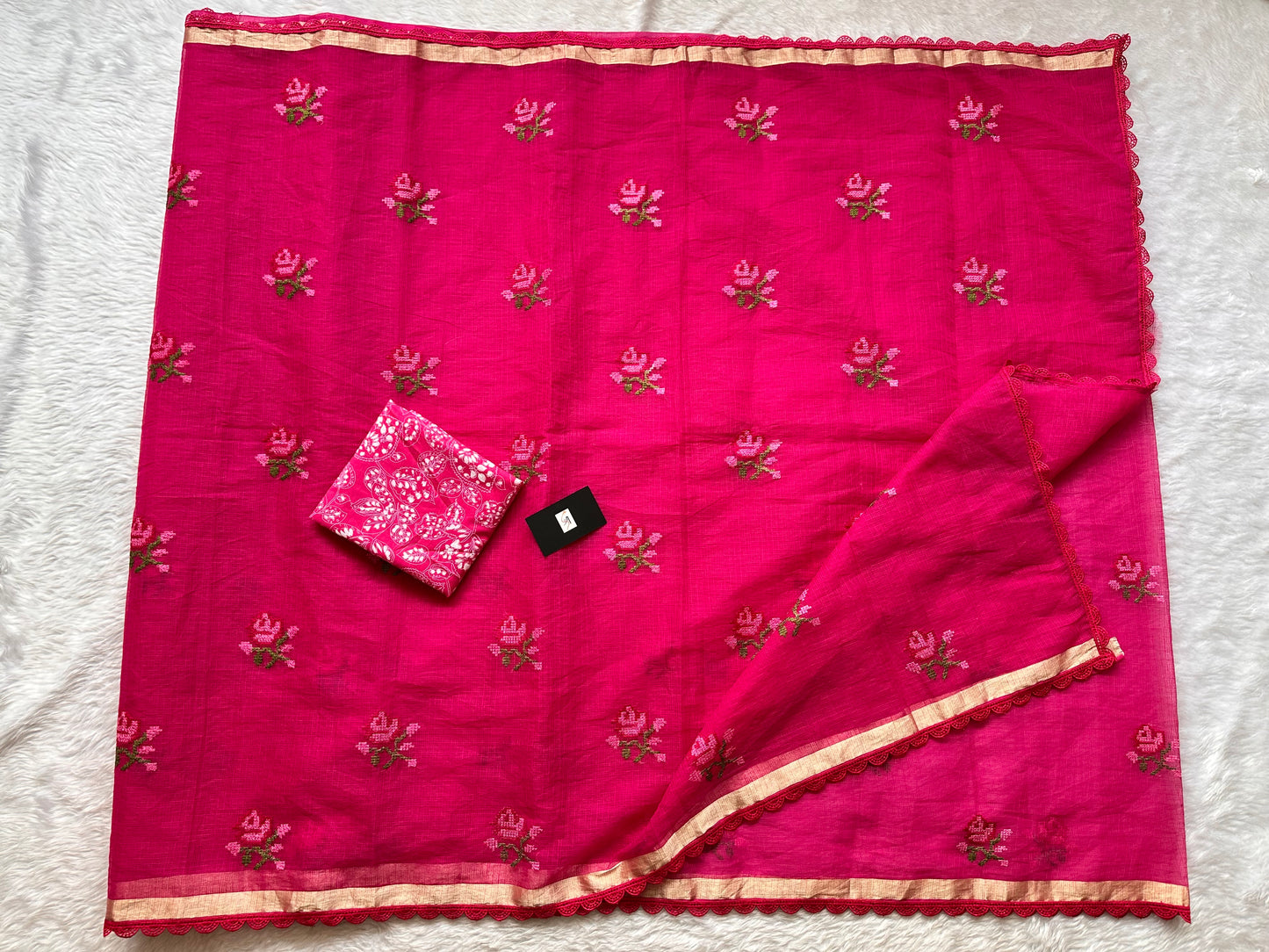 Embroidered Kota Cotton Doria Saree With Handcrafted Lucknowi Crochet Lace