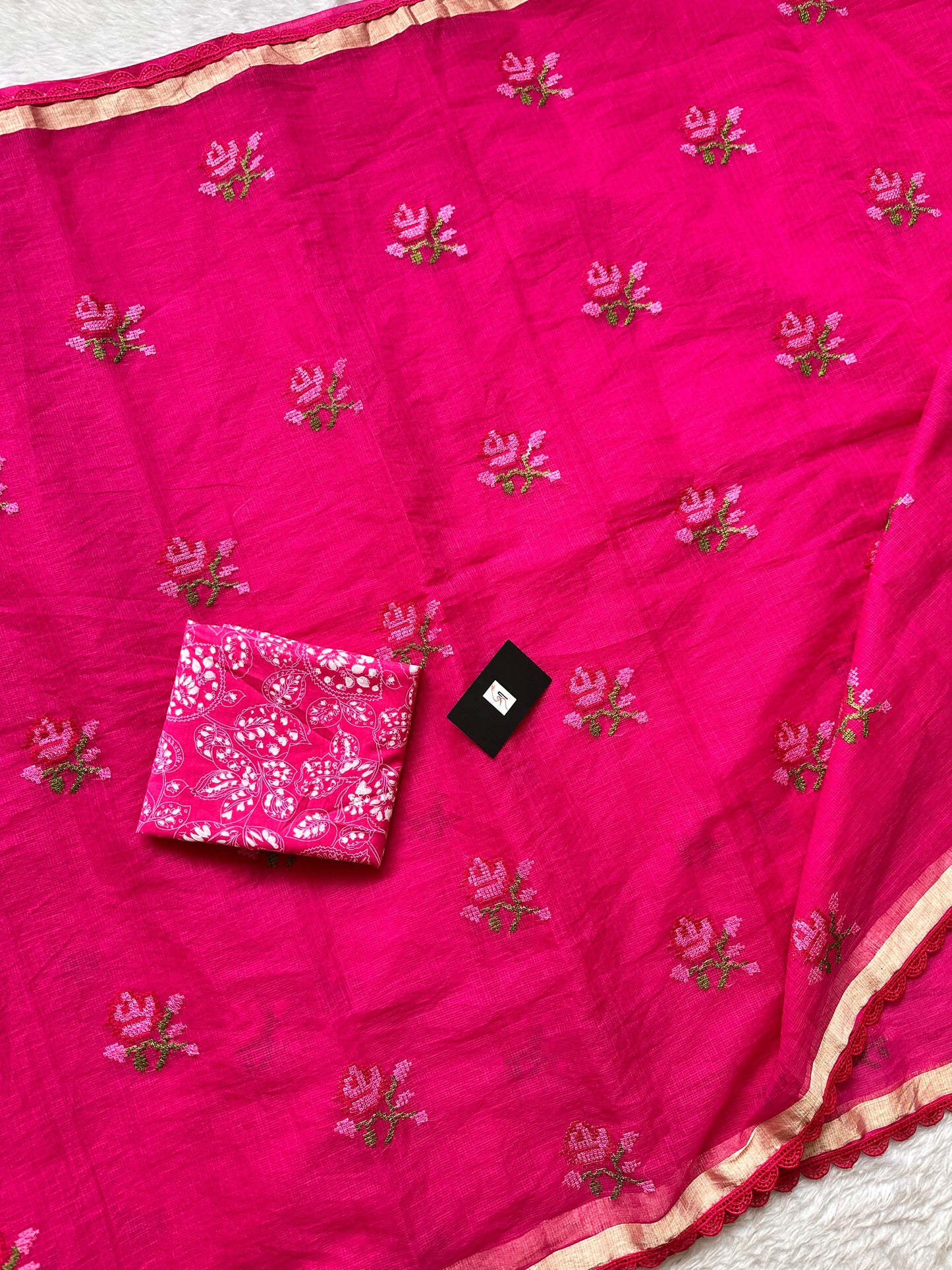 Embroidered Kota Cotton Doria Saree With Handcrafted Lucknowi Crochet Lace
