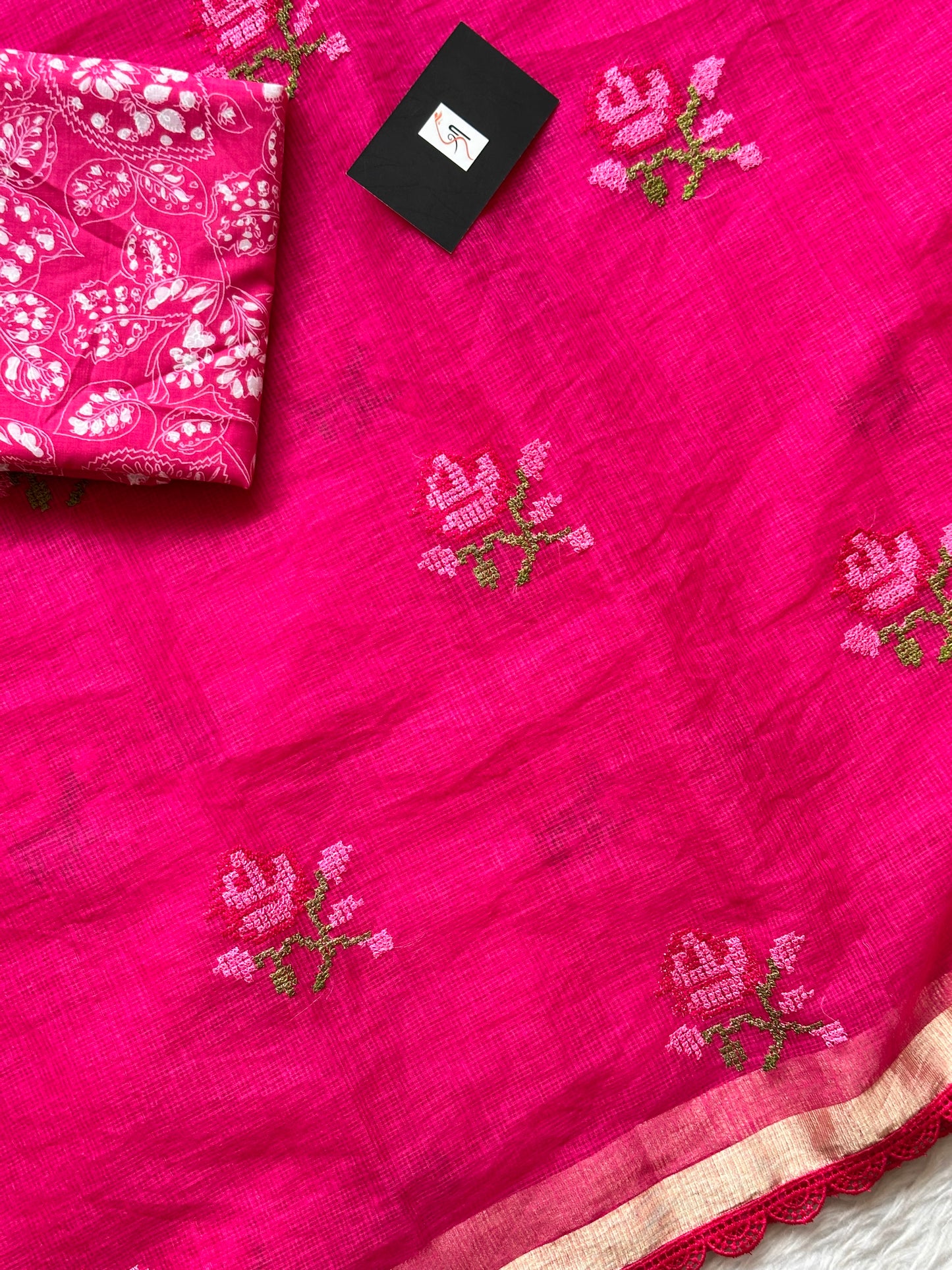 Embroidered Kota Cotton Doria Saree With Handcrafted Lucknowi Crochet Lace