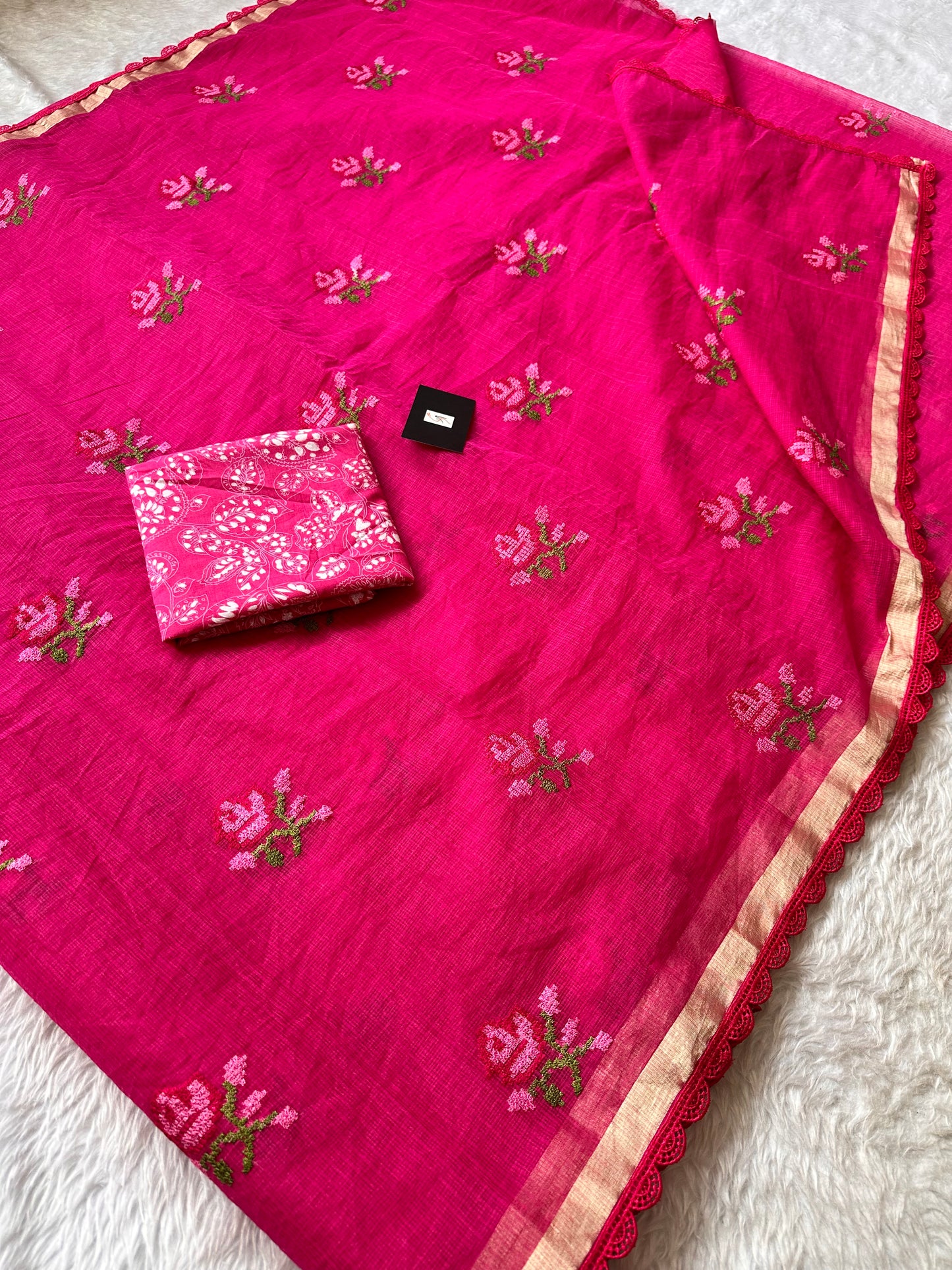 Embroidered Kota Cotton Doria Saree With Handcrafted Lucknowi Crochet Lace