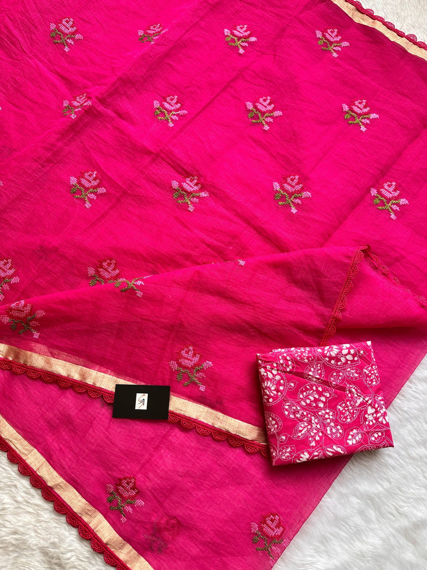 Embroidered Kota Cotton Doria Saree With Handcrafted Lucknowi Crochet Lace