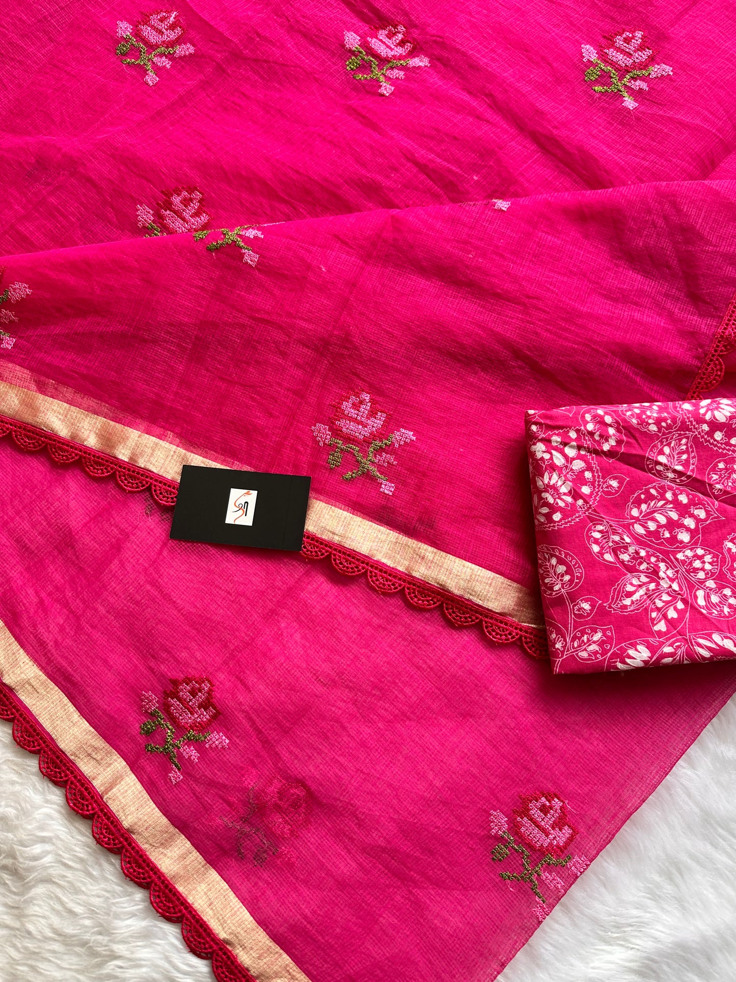 Embroidered Kota Cotton Doria Saree With Handcrafted Lucknowi Crochet Lace