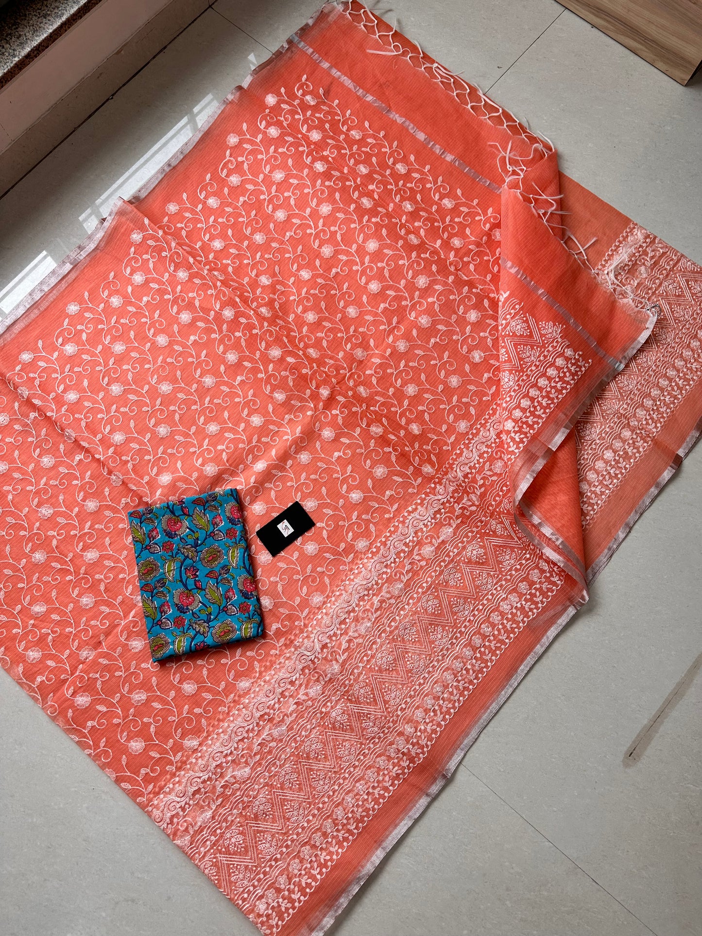 Embroidered Kota Cotton Doria Saree