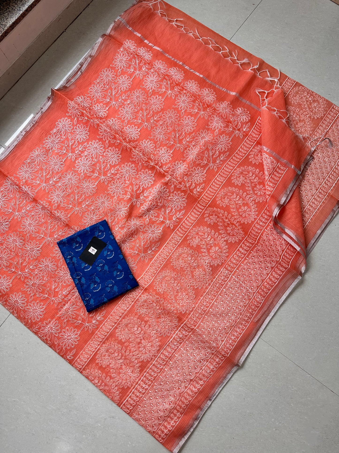 Embroidered Kota Cotton Doria Saree