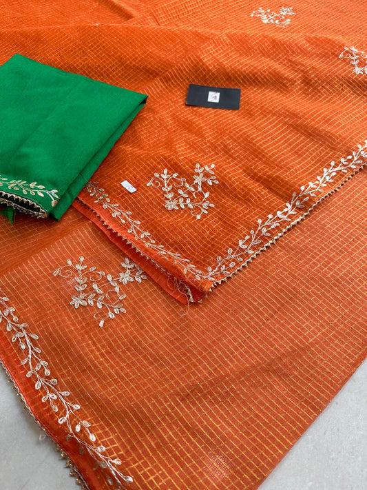 Jaipuri Pitta Work Embroidered Kota Cotton Tissue Doria Saree