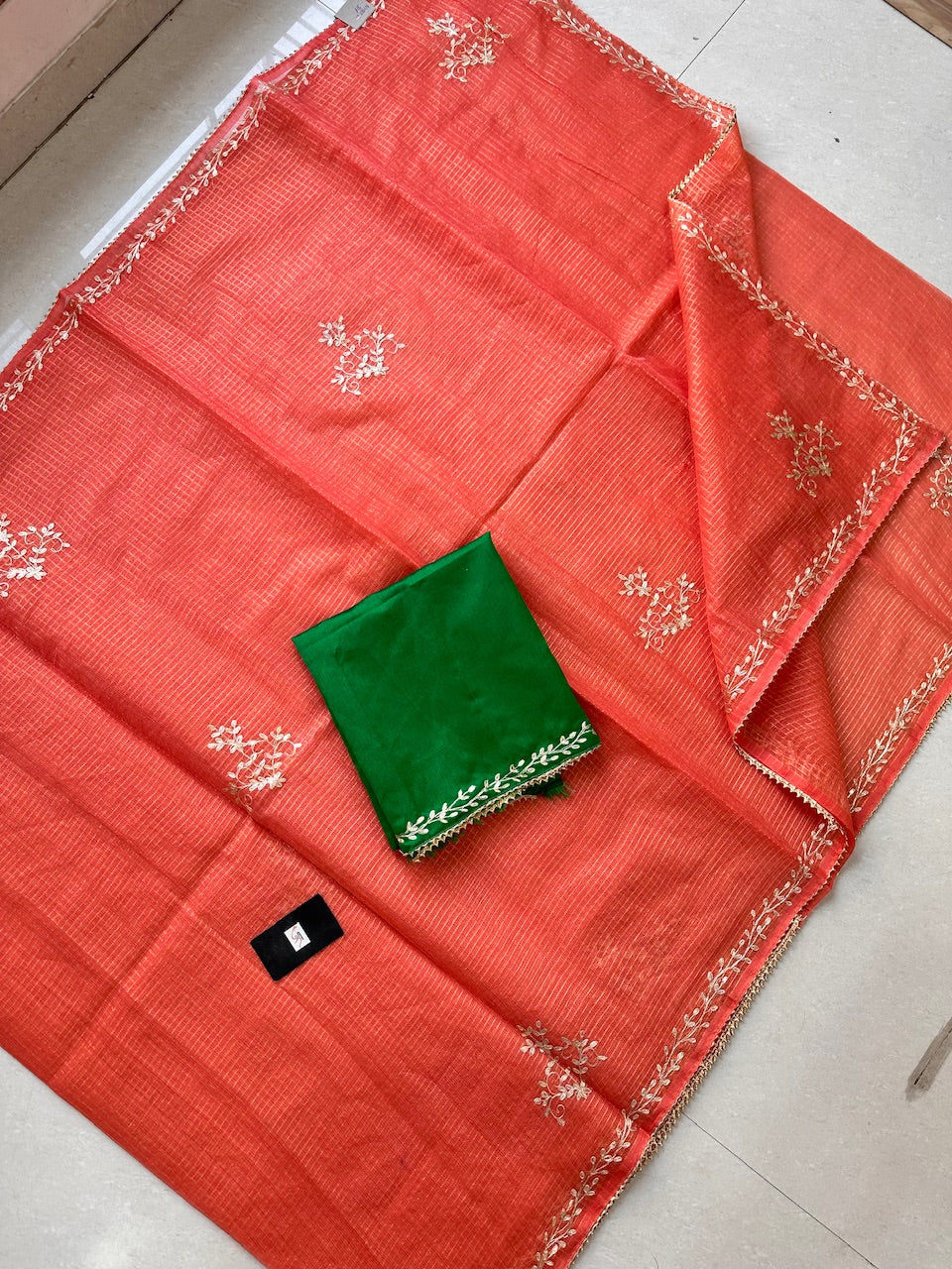 Jaipuri Pitta Work Embroidered Kota Cotton Tissue Saree