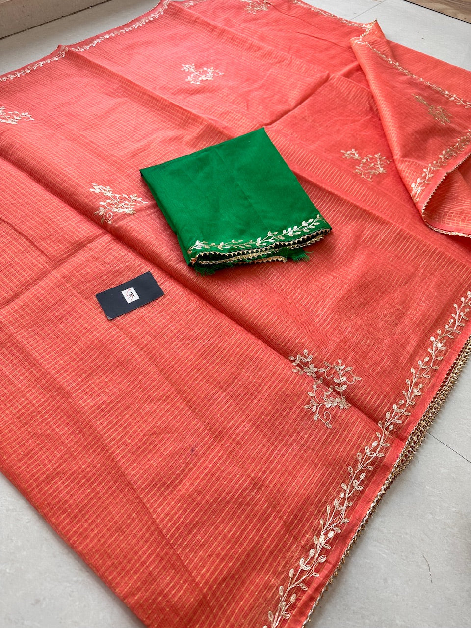 Jaipuri Pitta Work Embroidered Kota Cotton Tissue Saree