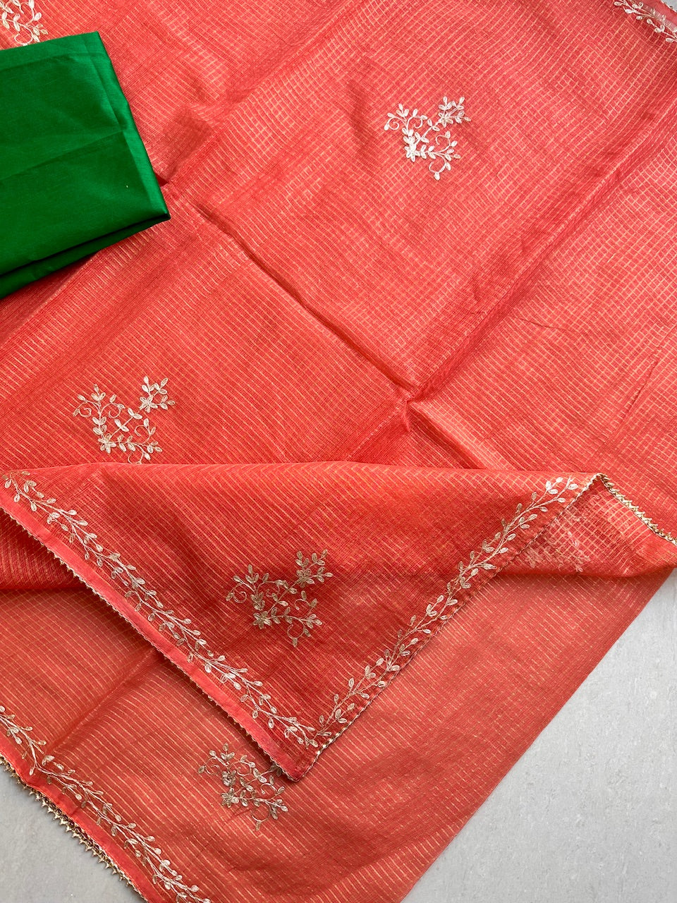 Jaipuri Pitta Work Embroidered Kota Cotton Tissue Saree