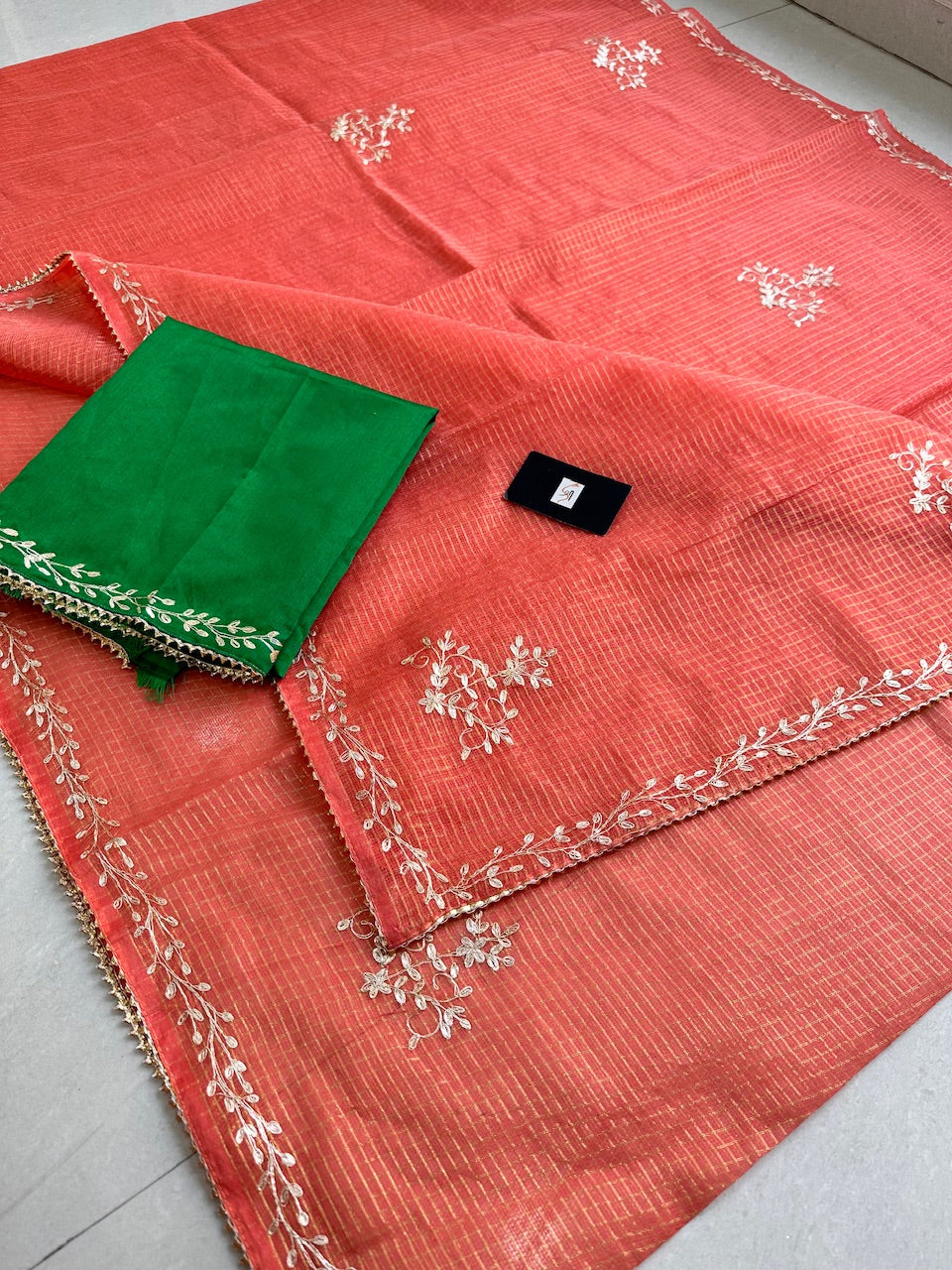 Jaipuri Pitta Work Embroidered Kota Cotton Tissue Saree