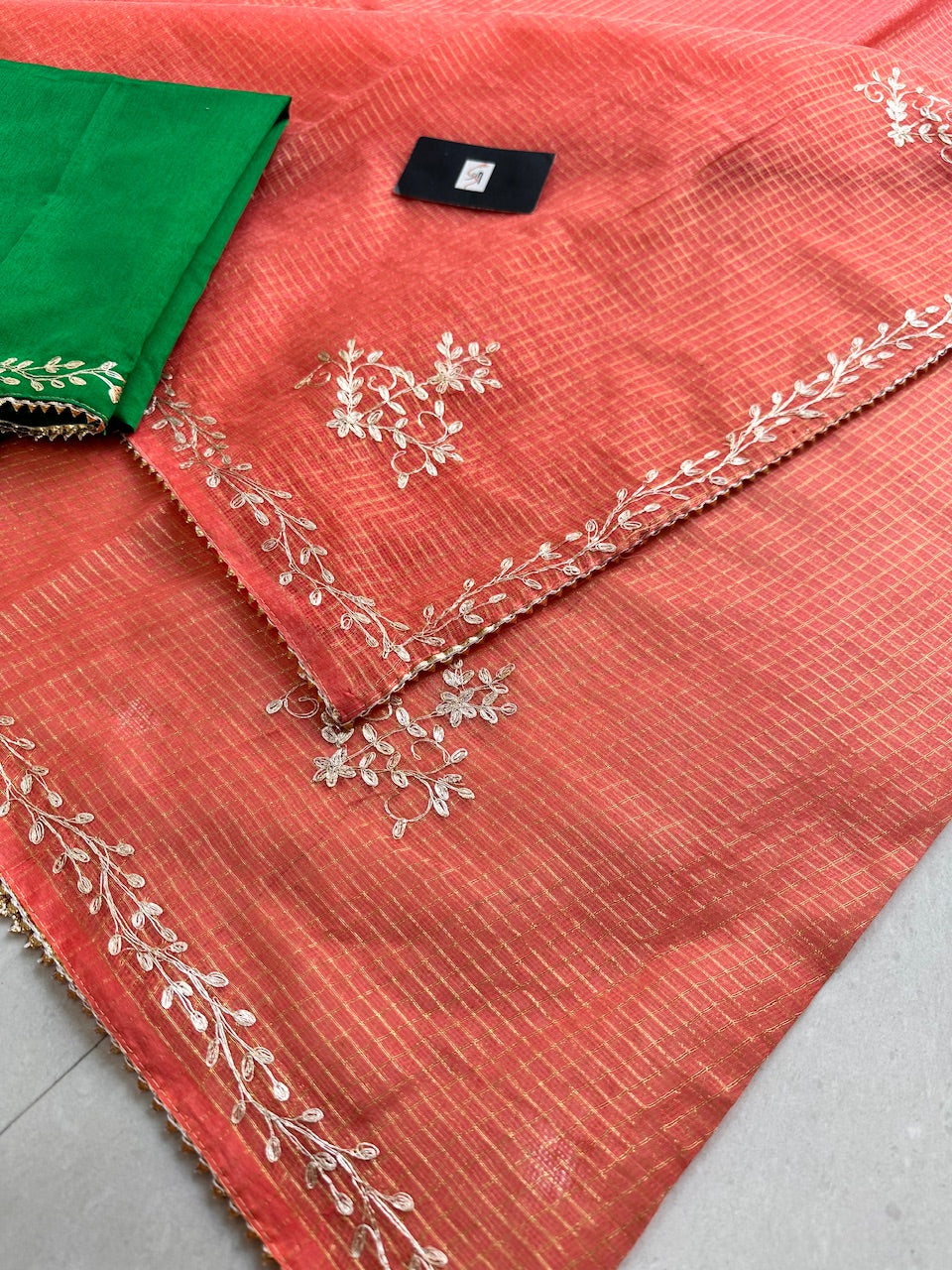 Jaipuri Pitta Work Embroidered Kota Cotton Tissue Saree