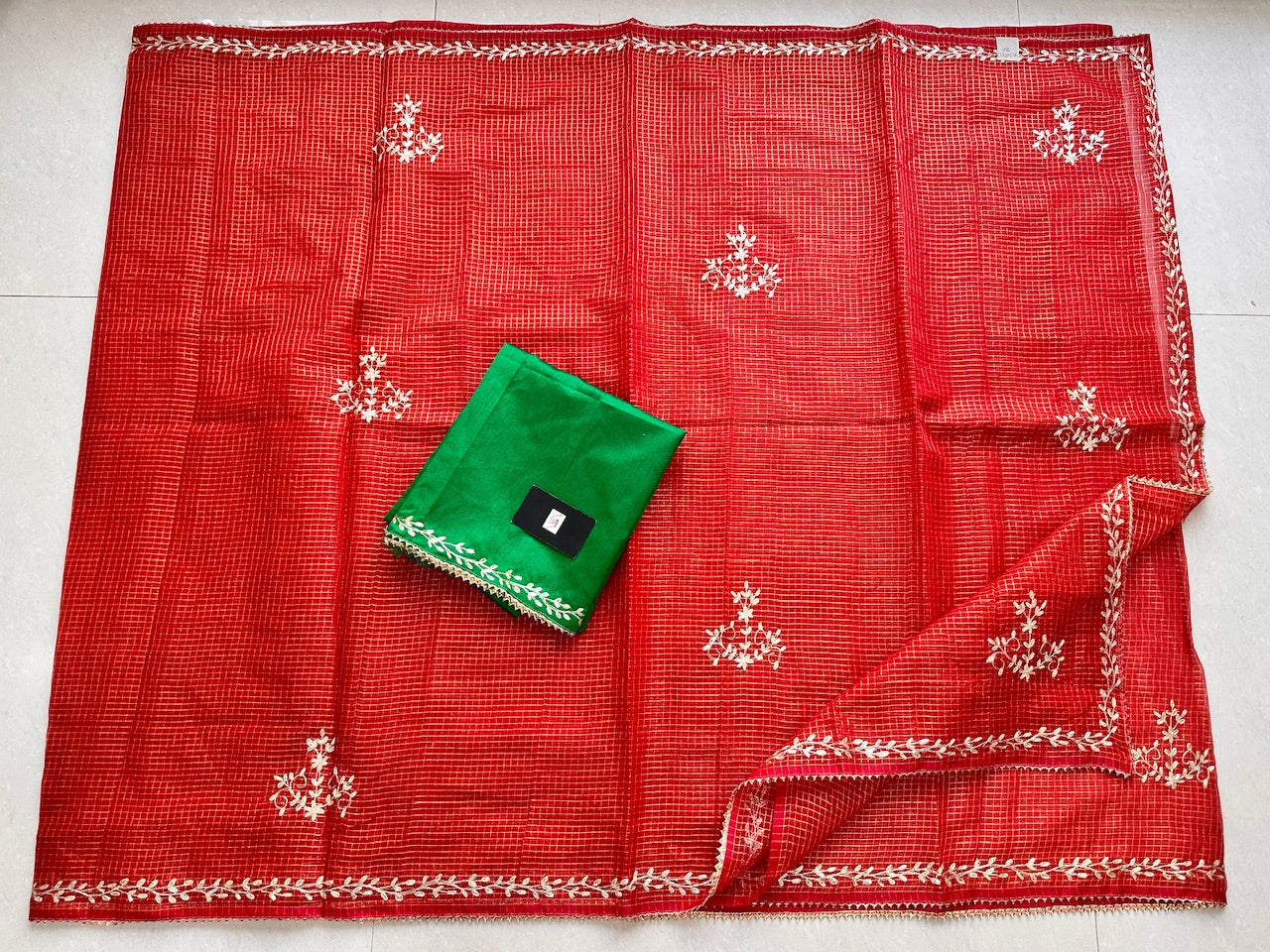 Jaipuri Pitta Work Embroidered Kota Cotton Tissue Saree