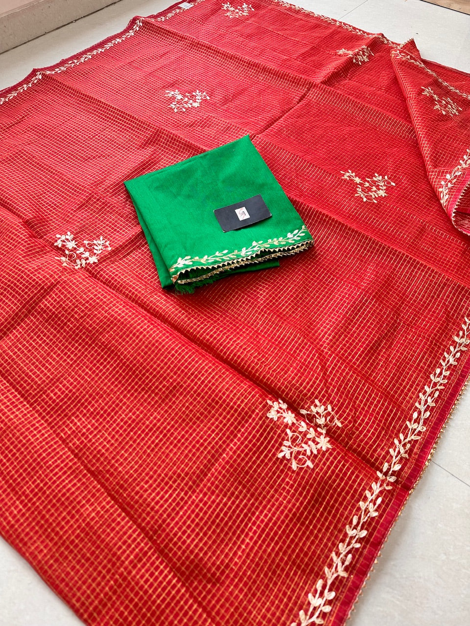 Jaipuri Pitta Work Embroidered Kota Cotton Tissue Saree