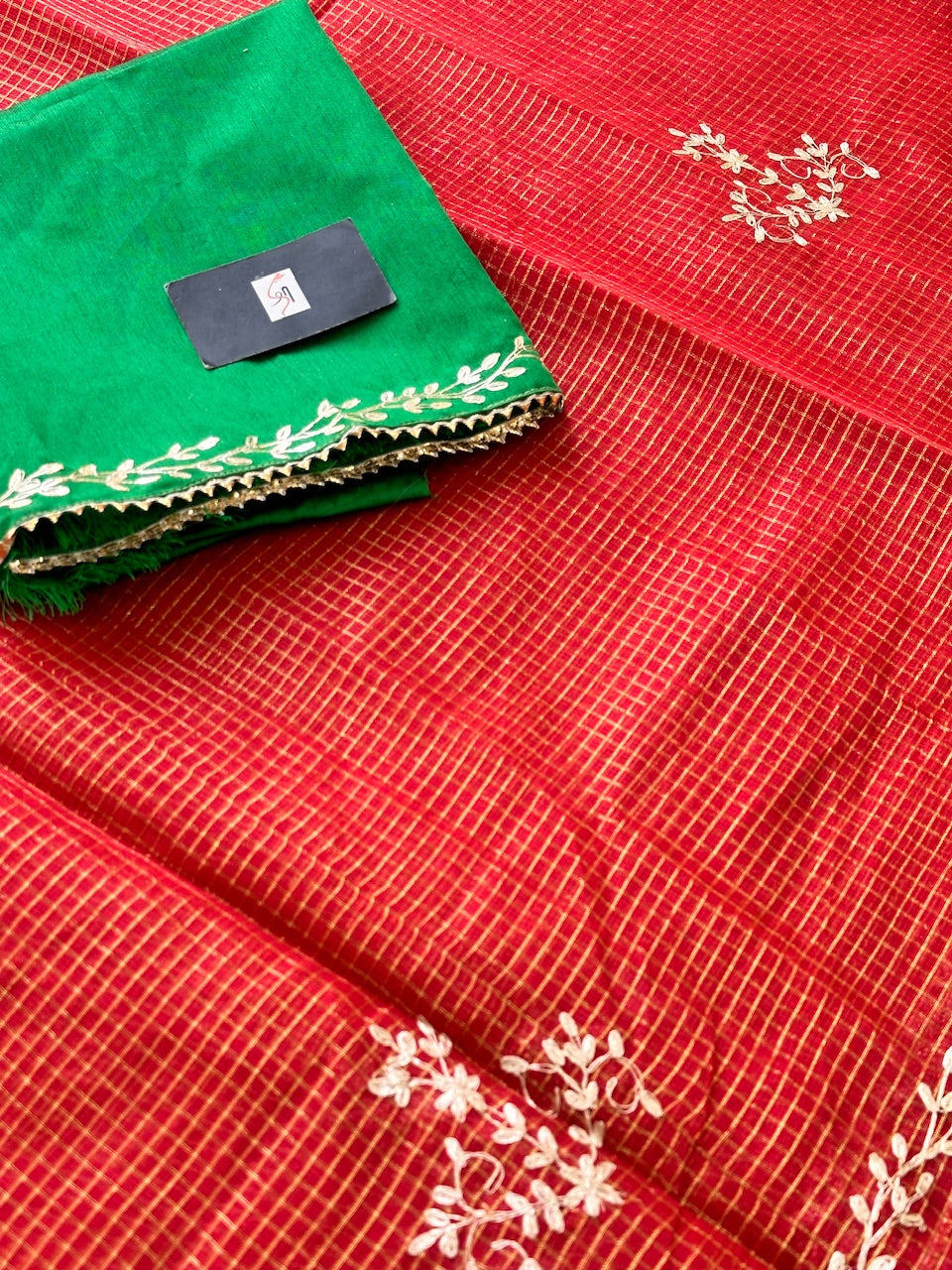 Jaipuri Pitta Work Embroidered Kota Cotton Tissue Saree