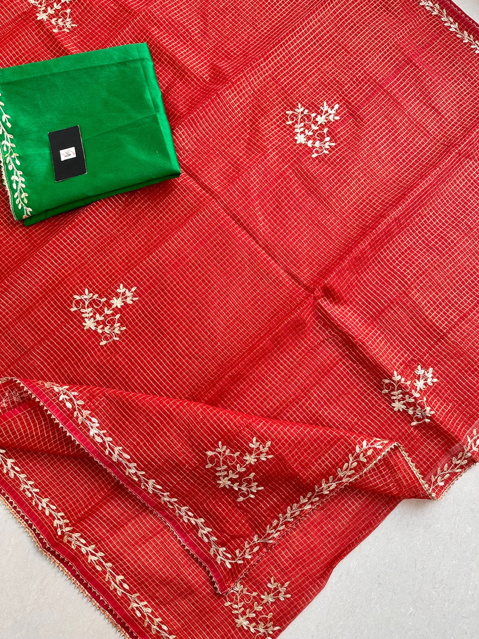 Jaipuri Pitta Work Embroidered Kota Cotton Tissue Saree