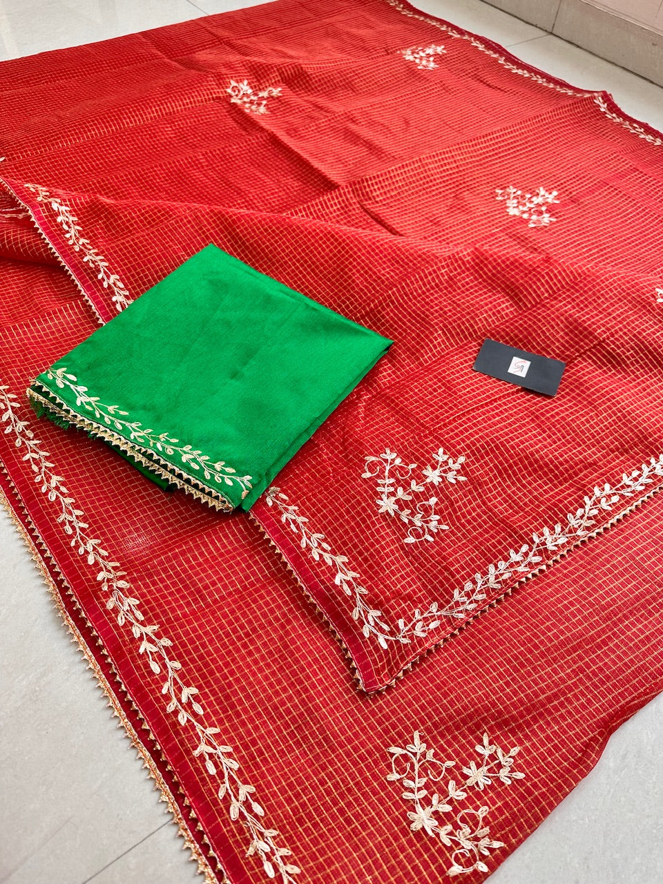 Jaipuri Pitta Work Embroidered Kota Cotton Tissue Saree