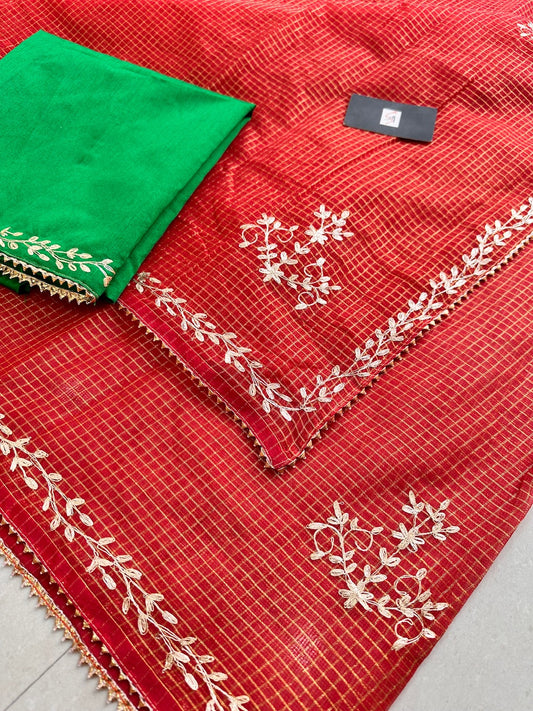 Jaipuri Pitta Work Embroidered Kota Cotton Tissue Saree