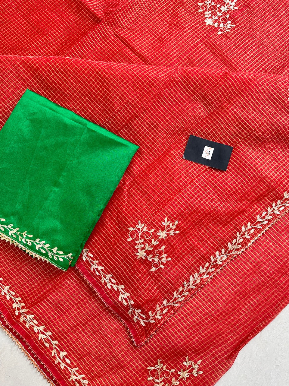 Jaipuri Pitta Work Embroidered Kota Cotton Tissue Saree