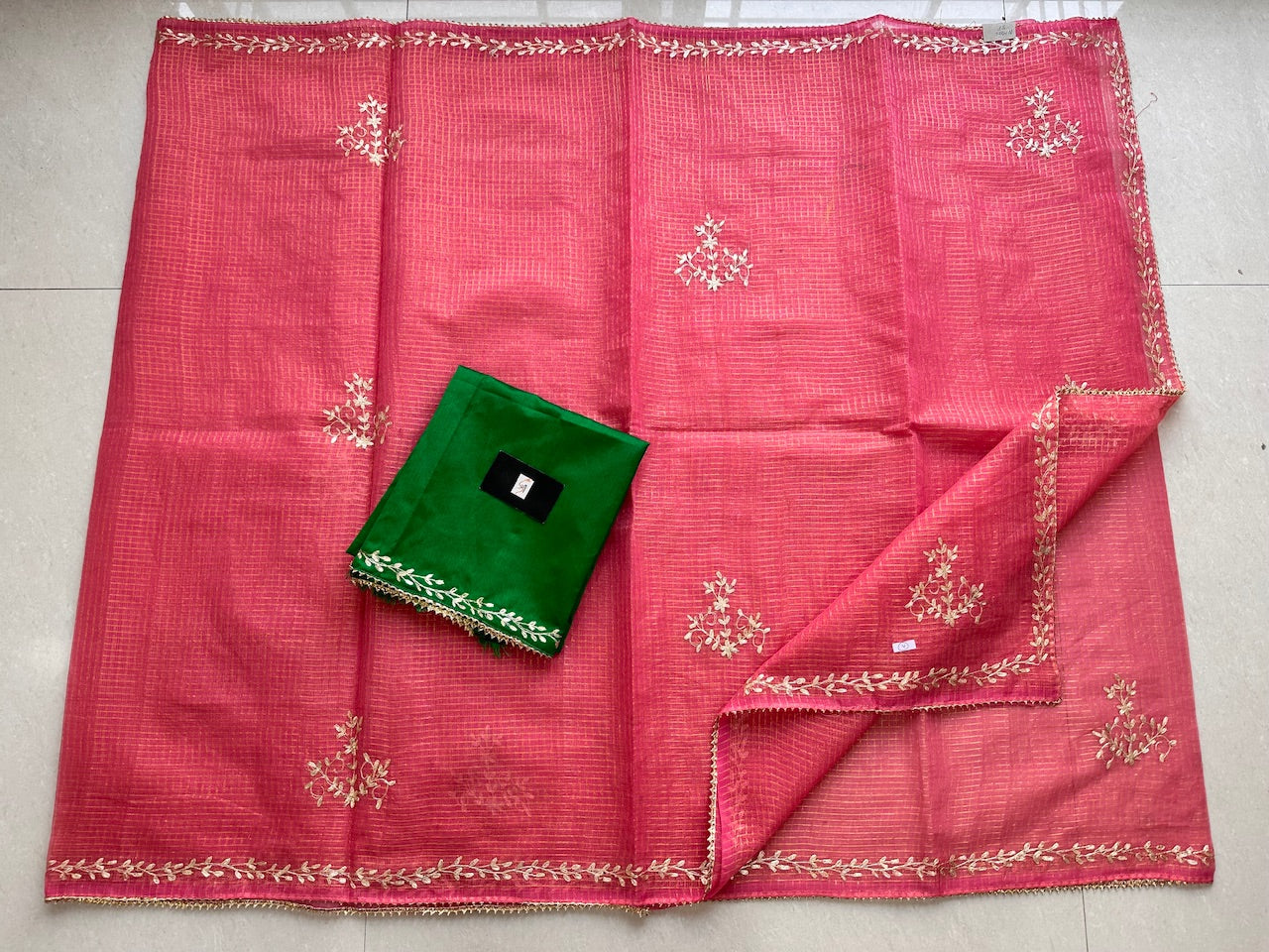 Jaipuri Pitta Work Embroidered Kota Cotton Tissue Saree