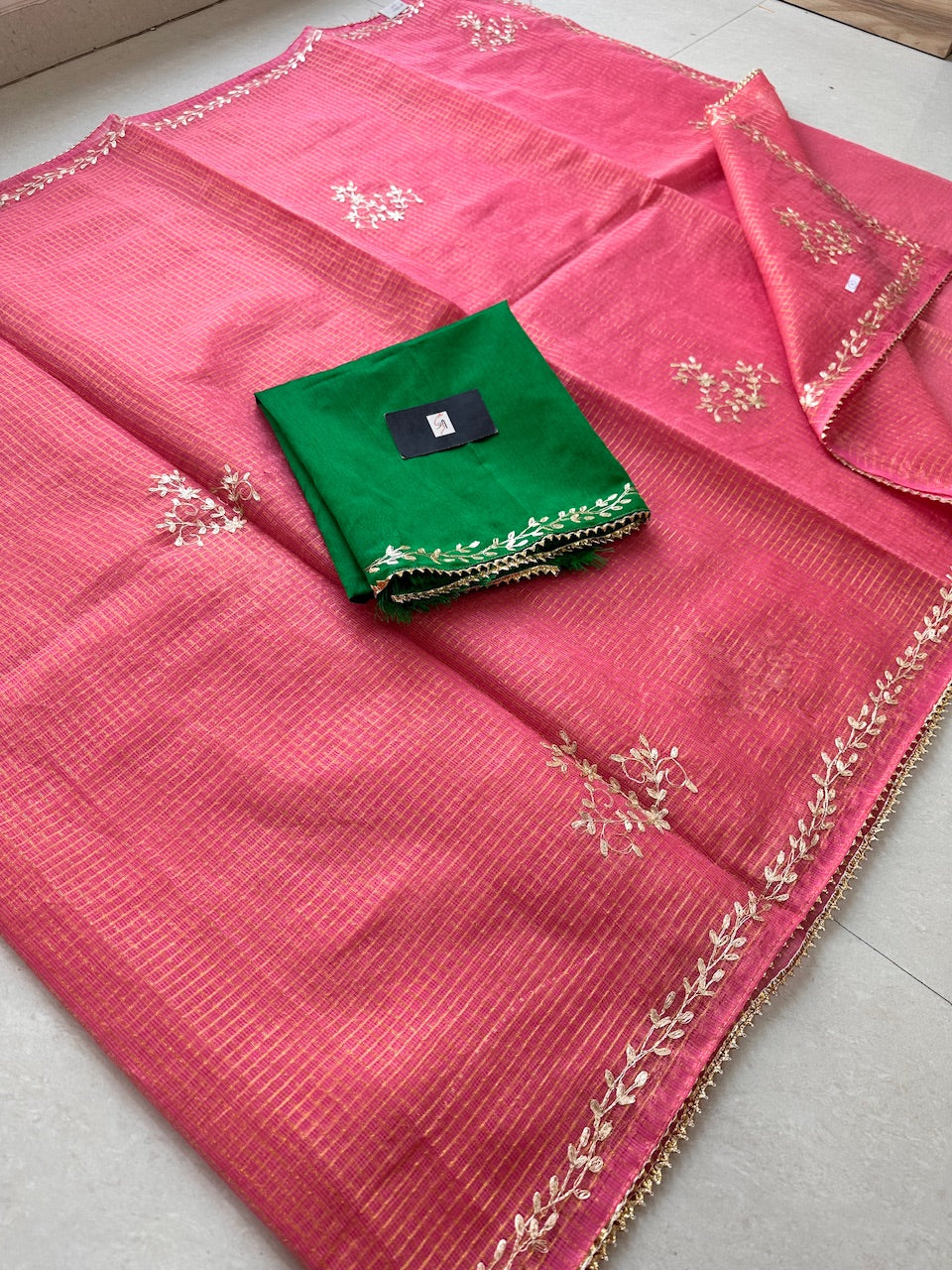 Jaipuri Pitta Work Embroidered Kota Cotton Tissue Saree