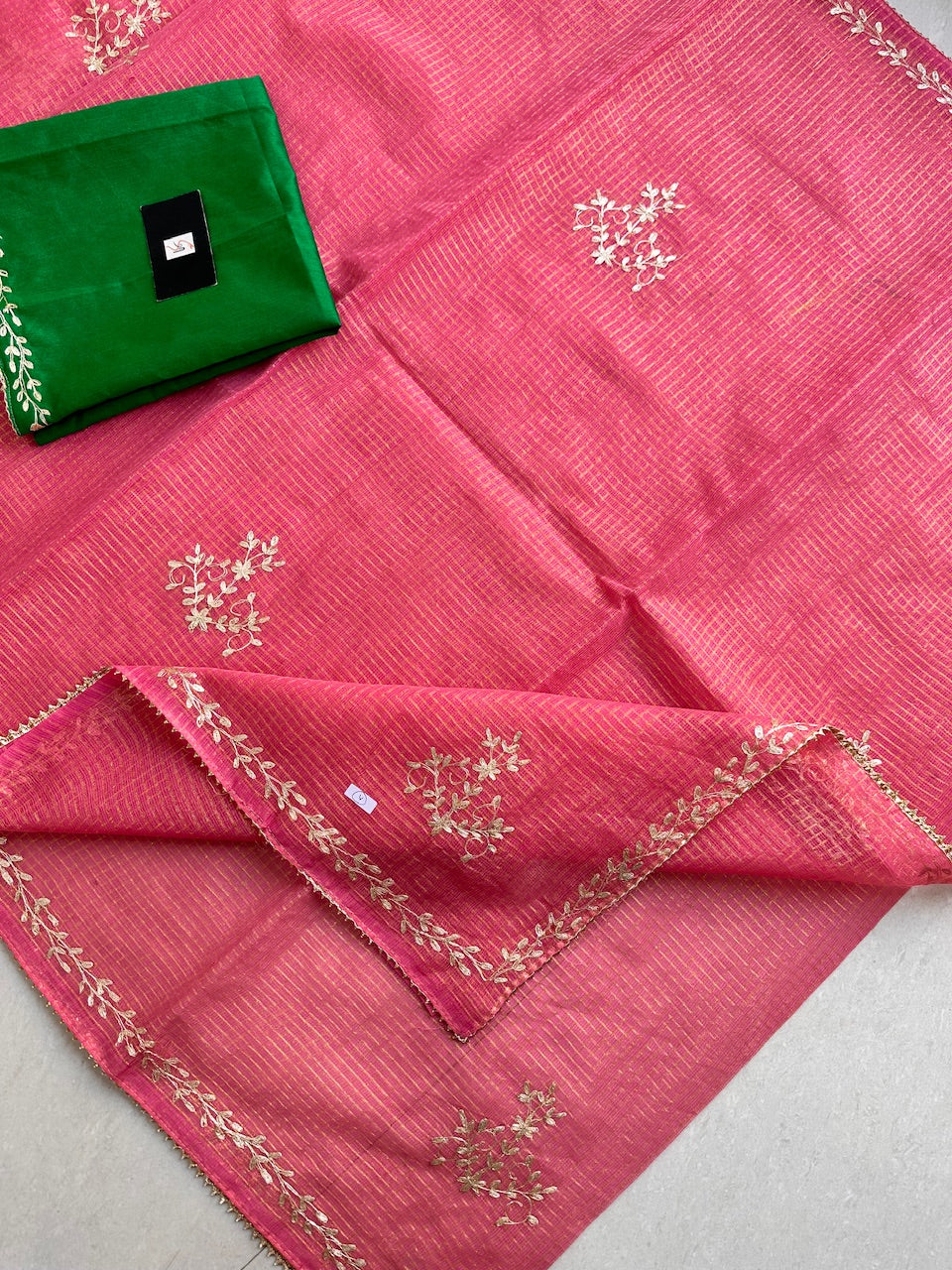 Jaipuri Pitta Work Embroidered Kota Cotton Tissue Saree