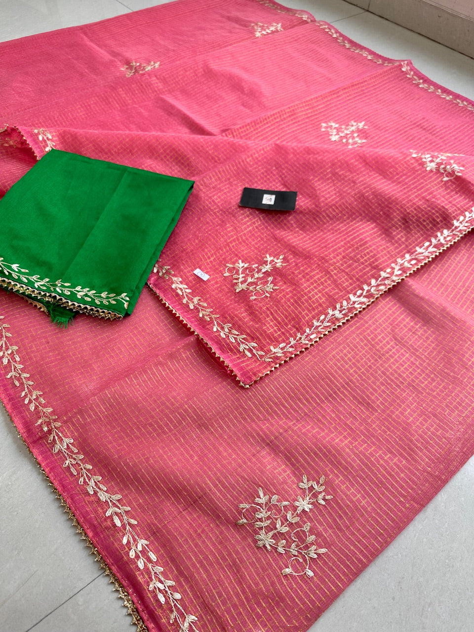 Jaipuri Pitta Work Embroidered Kota Cotton Tissue Saree