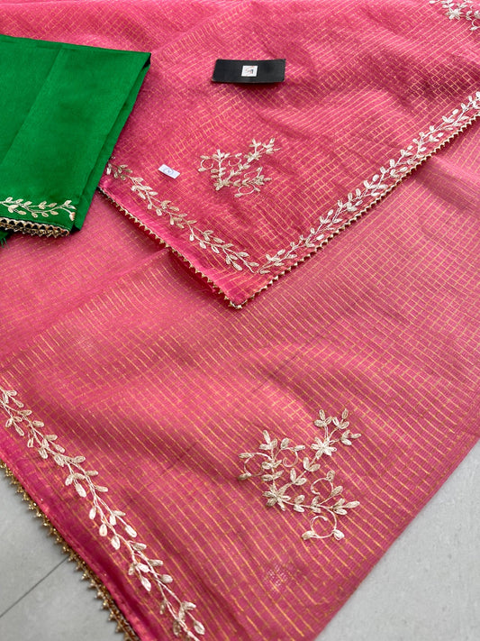 Jaipuri Pitta Work Embroidered Kota Cotton Tissue Saree