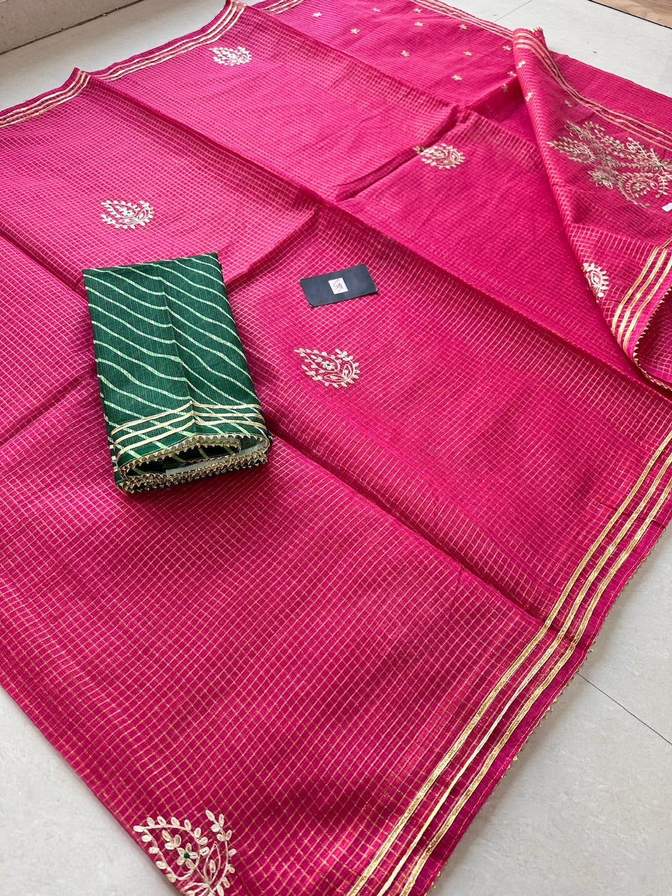 Jaipuri Pitta Work Embroidered Kota Cotton Tissue Doria Saree