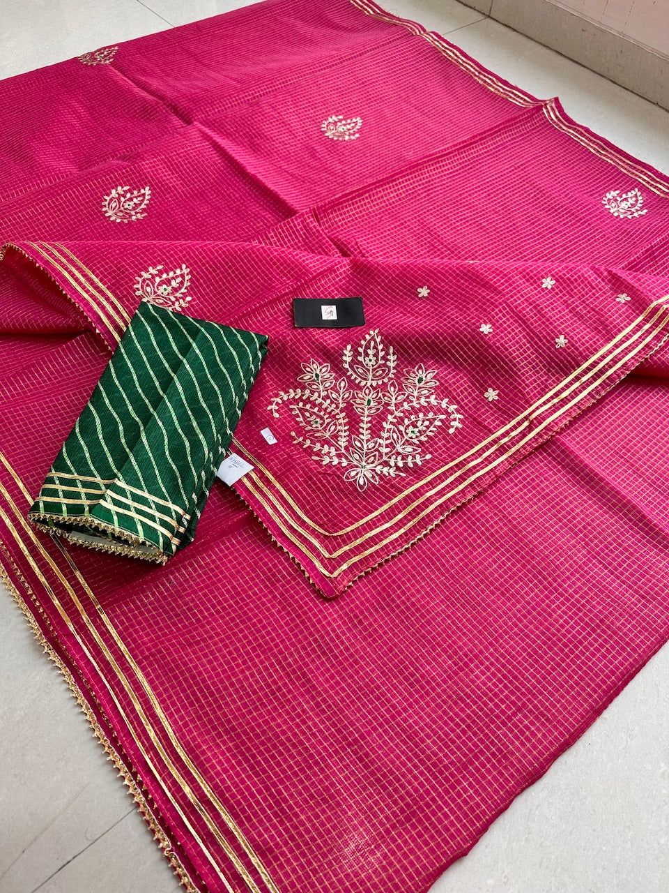 Jaipuri Pitta Work Embroidered Kota Cotton Tissue Doria Saree