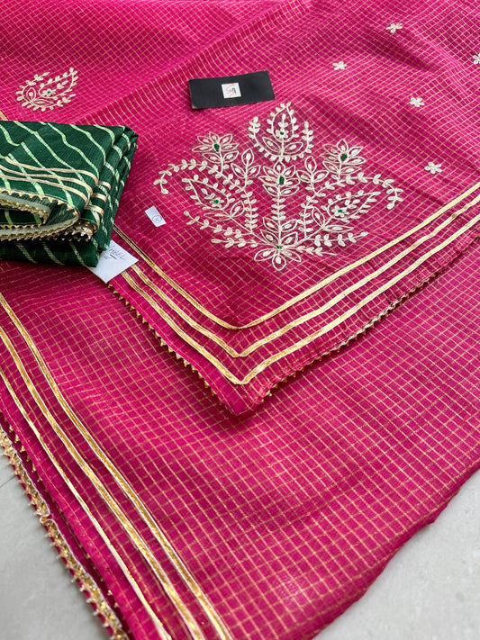 Jaipuri Pitta Work Embroidered Kota Cotton Tissue Doria Saree