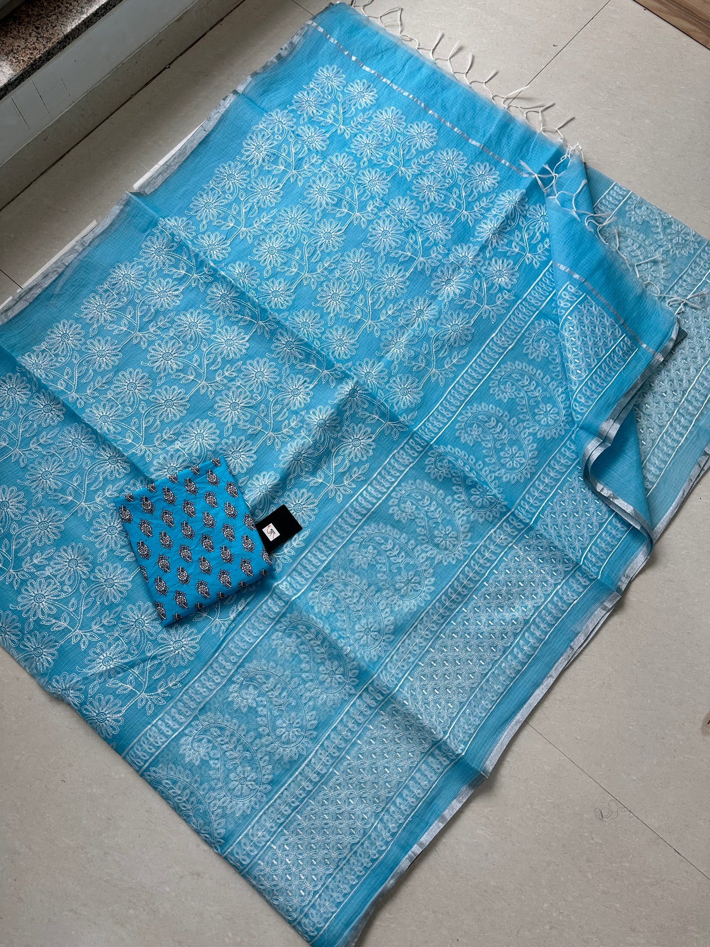 Embroidered Kota Cotton Doria Saree