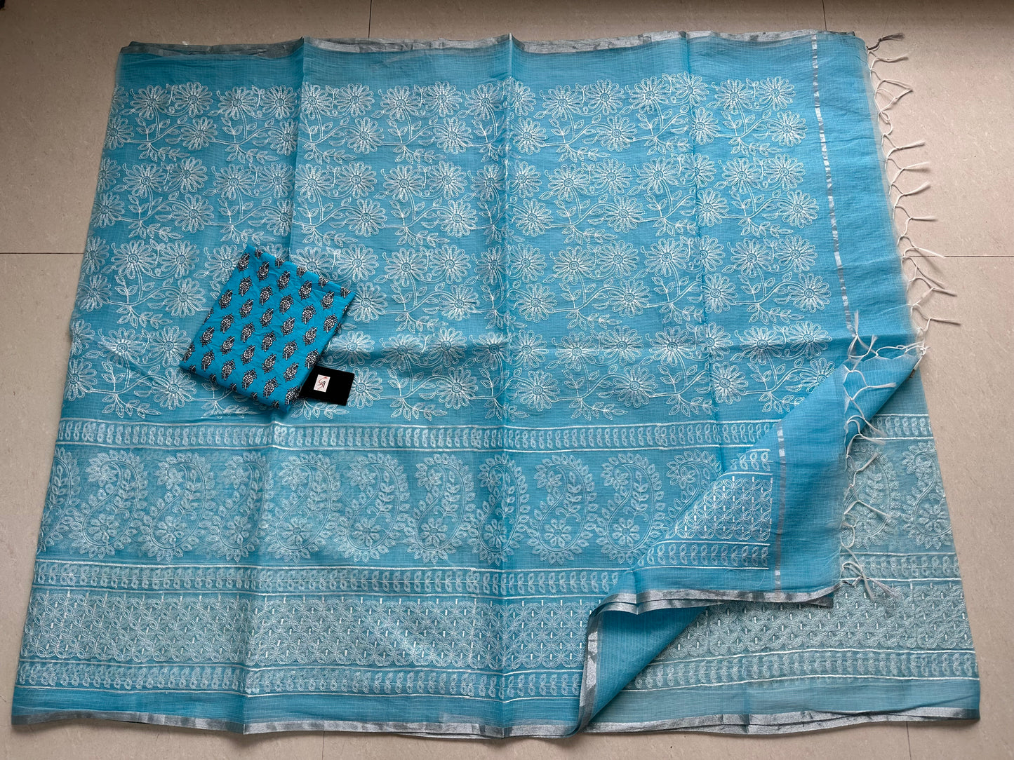 Embroidered Kota Cotton Doria Saree