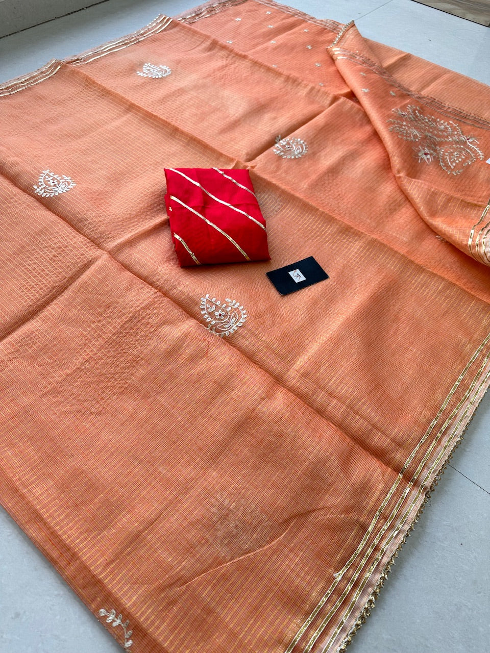 Jaipuri Pitta Work Embroidered Kota Cotton Tissue Doria Saree