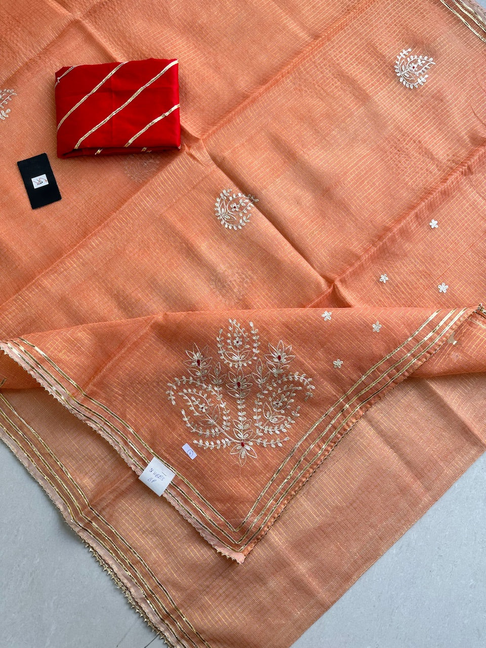 Jaipuri Pitta Work Embroidered Kota Cotton Tissue Doria Saree