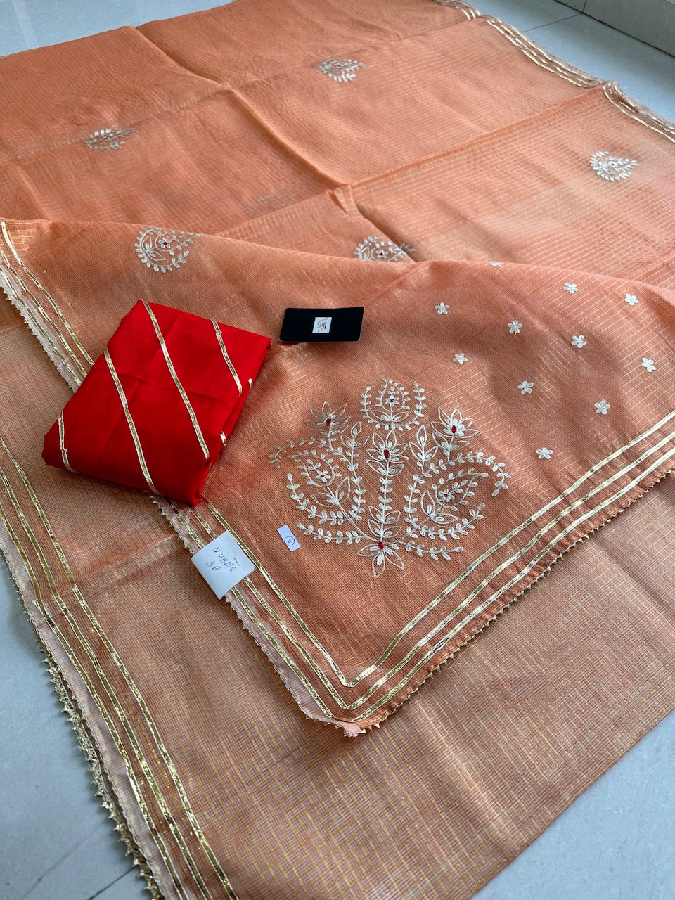 Jaipuri Pitta Work Embroidered Kota Cotton Tissue Doria Saree