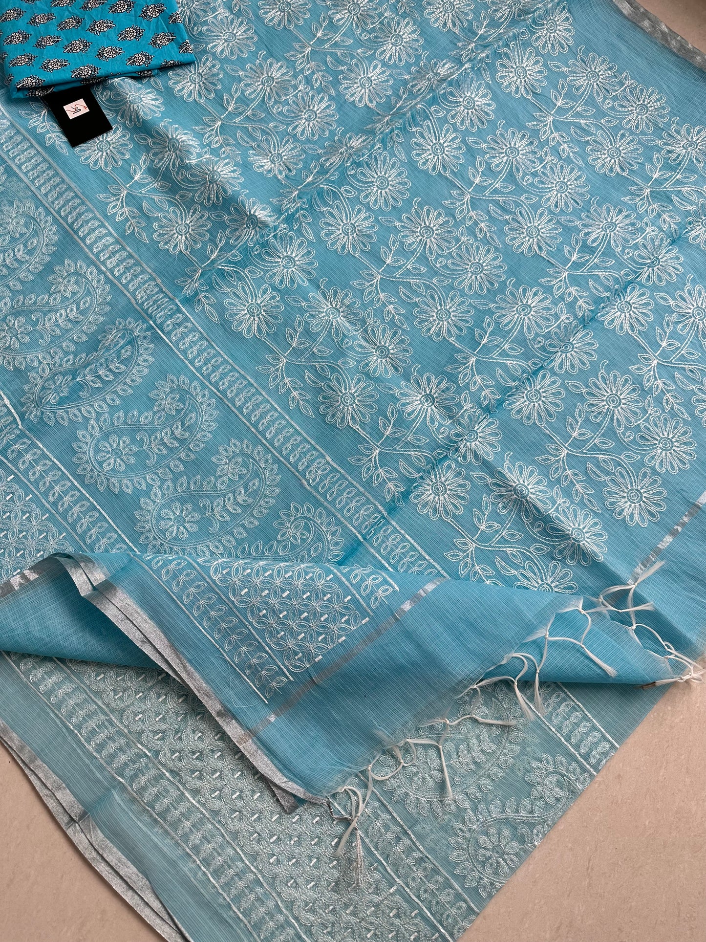 Embroidered Kota Cotton Doria Saree