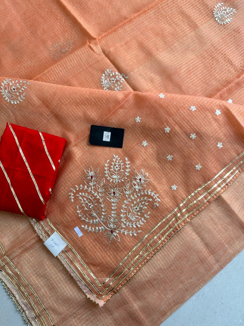 Jaipuri Pitta Work Embroidered Kota Cotton Tissue Doria Saree