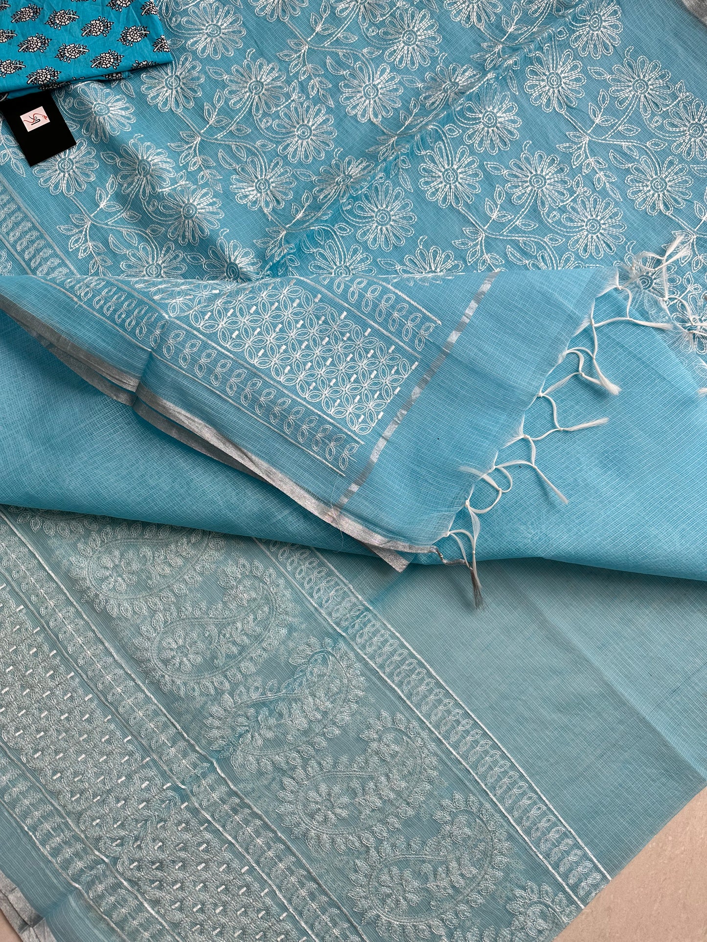 Embroidered Kota Cotton Doria Saree